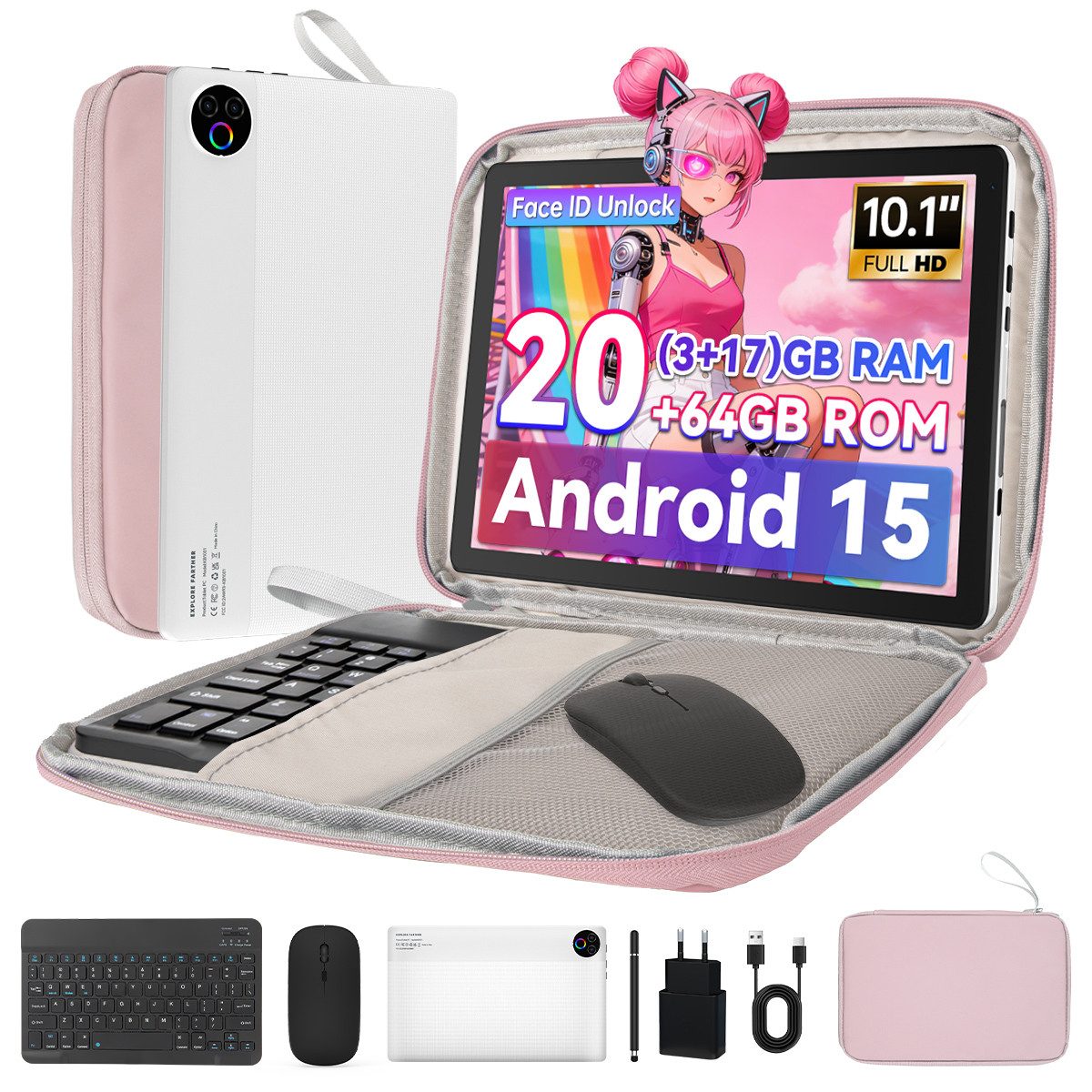 BUFO 10,1 Zoll 20(3+17)GB RAM 64GB ROM, Android 15, HD 1280x800, 5G WiFi Tablet (10,1", BT 5.4, WiFi 6, Dual-Kamera)