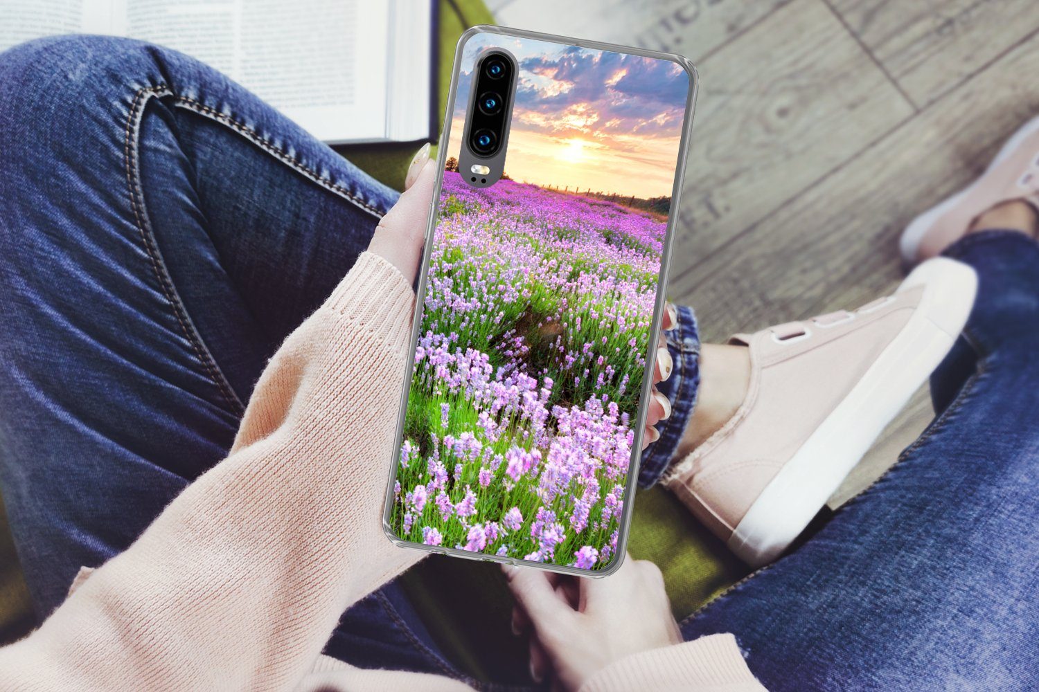 MuchoWow Handyhülle für Huawei P30 Blumen - Lavendel - Lila - Himmel - Sonnenuntergang - W, Handy Case, Silikon, Bumper Case Dünn