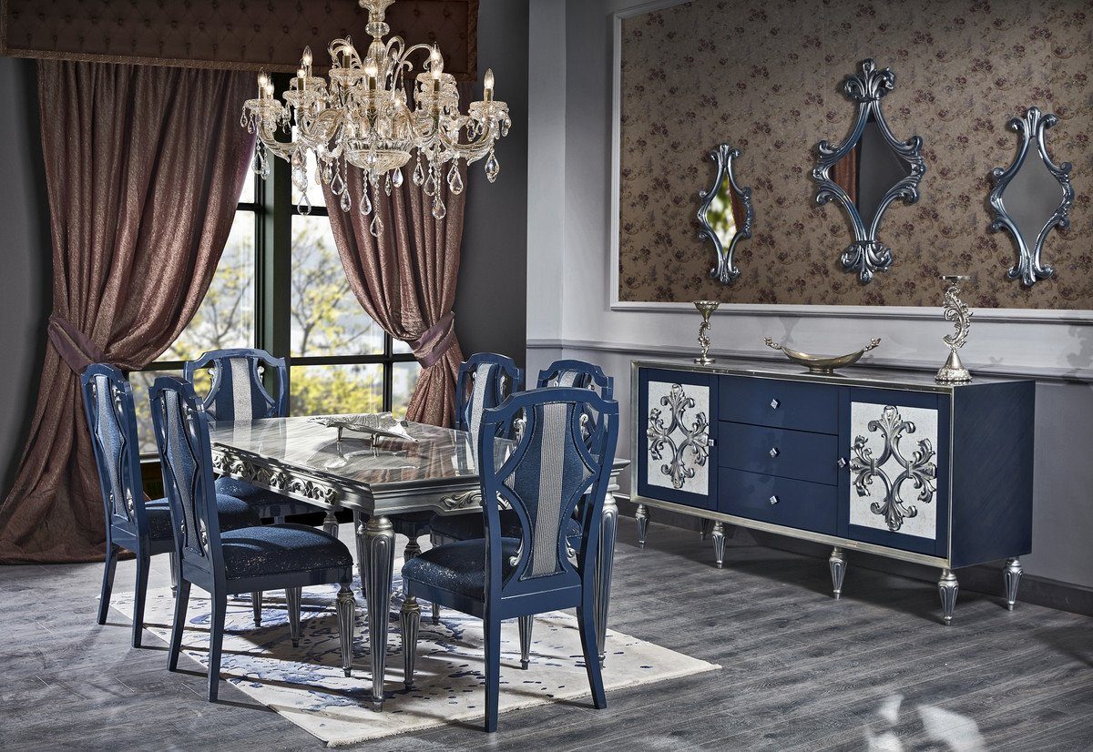 Casa Padrino Esszimmer-Set Luxus Barock Esszimmer Set Blau / Silber - Esstisch und 6 Esszimmerstühle - Barock Esszimmermöbel