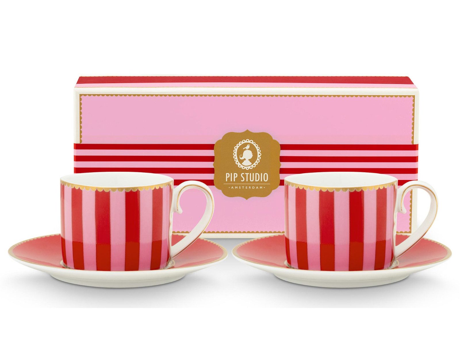 PiP Studio Espressotasse Love Birds Stripes Red-Pink Espressotasse mit Untertasse 0,125l Set2, Porzellan