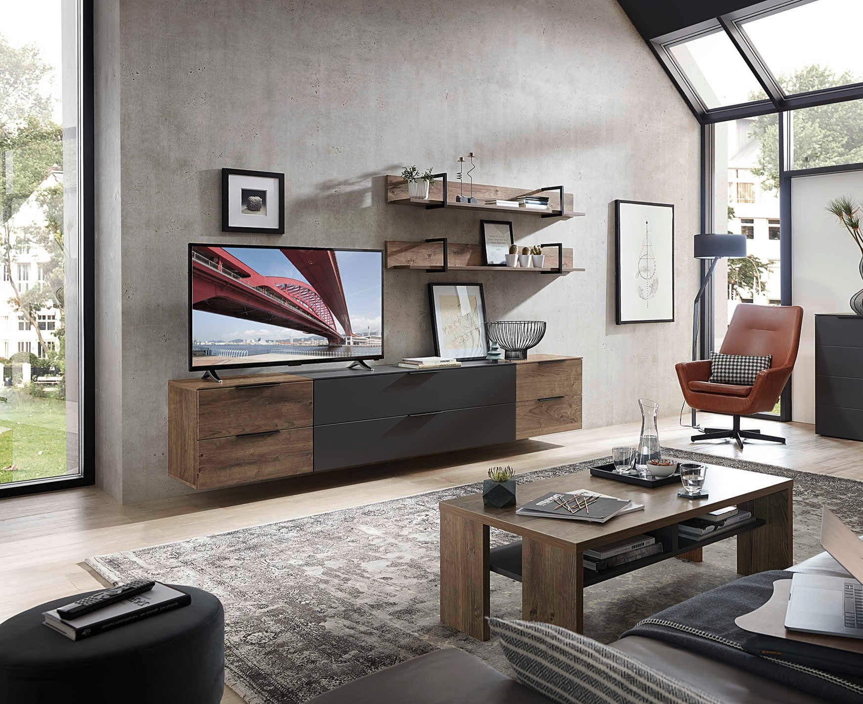 moebel-dich-auf Wohnwand MEDIANA 3, (Wohnzimmer-Set in graphit / Haveleiche Cognac Nb., 2x Wandboard + Lowboard), Metallgriffe, optional mit Couchtisch und Sideboard