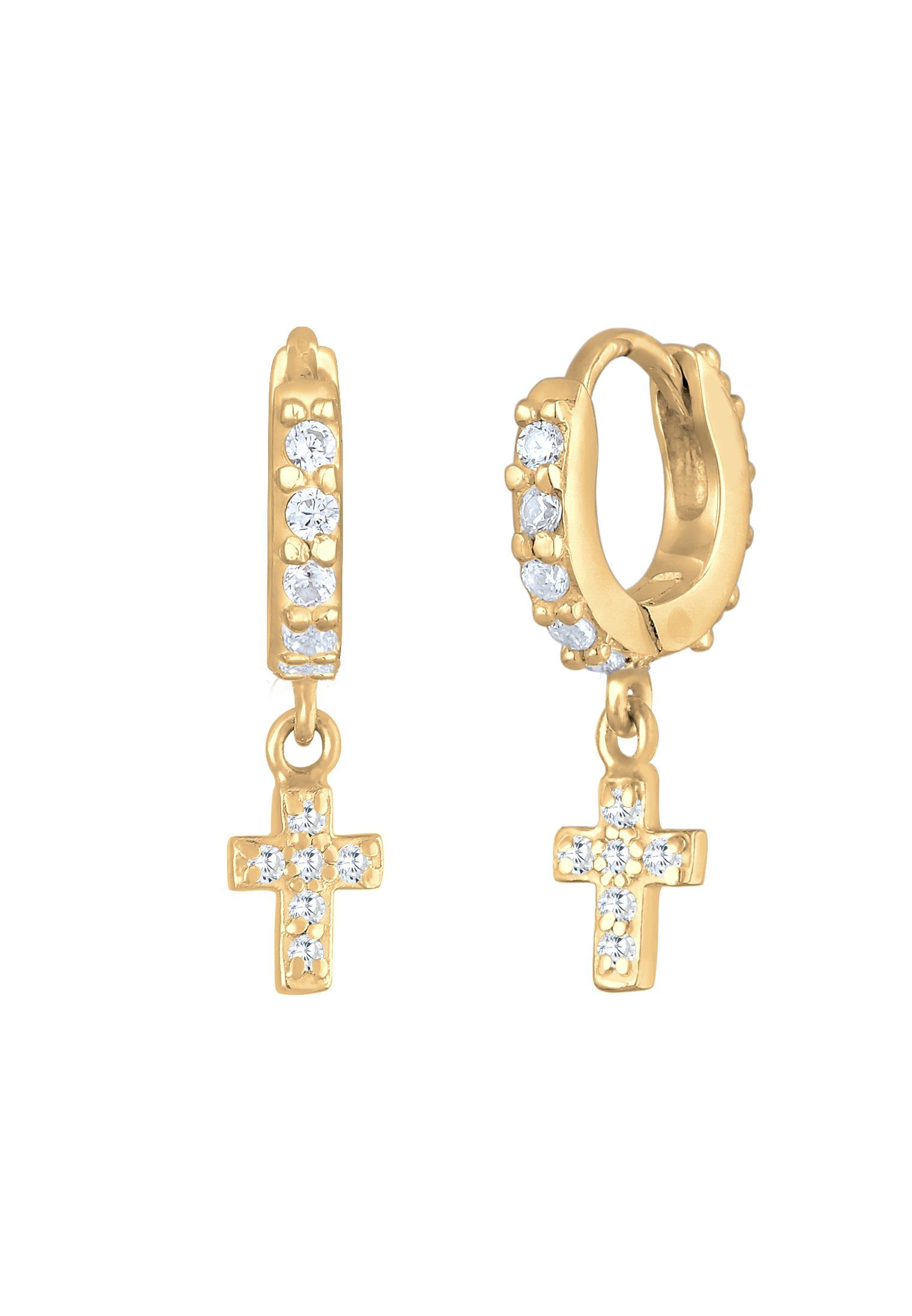 Elli Paar Creolen Huggie Hoops Creolen Kreuz Zirkonia 925 Silber, Kreuz