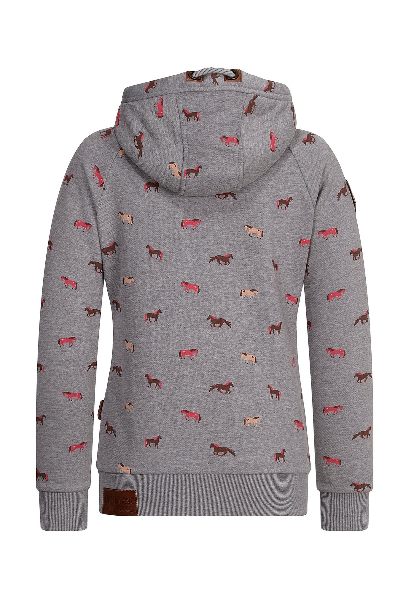 naketano Sweatjacke Damen mit Kapuze, Kängurutasche, tailliert, melierte Sweatware, Raglan Kordelzug, Rippbündchen, Kunstleder-Logo, casual, Streetwear, Langarm