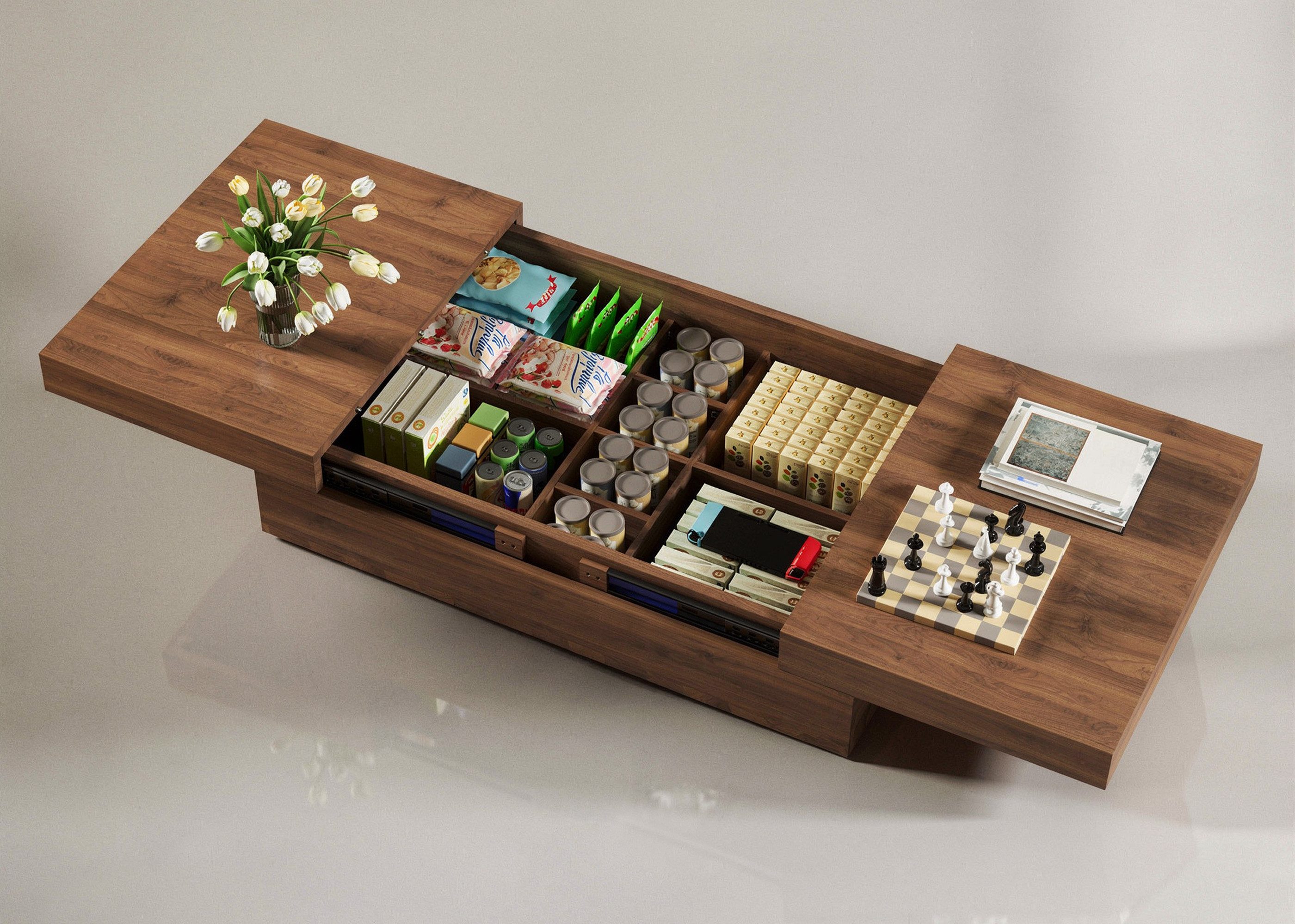 oleyluckidea Couchtisch Ausziehbarer Kaffeetisch mit Stauraum, Wohnzimmertisch Sofatisch (Einzelstück), Breite 120 cm, Nussbaum 120-208 cm für Wohnzimmer