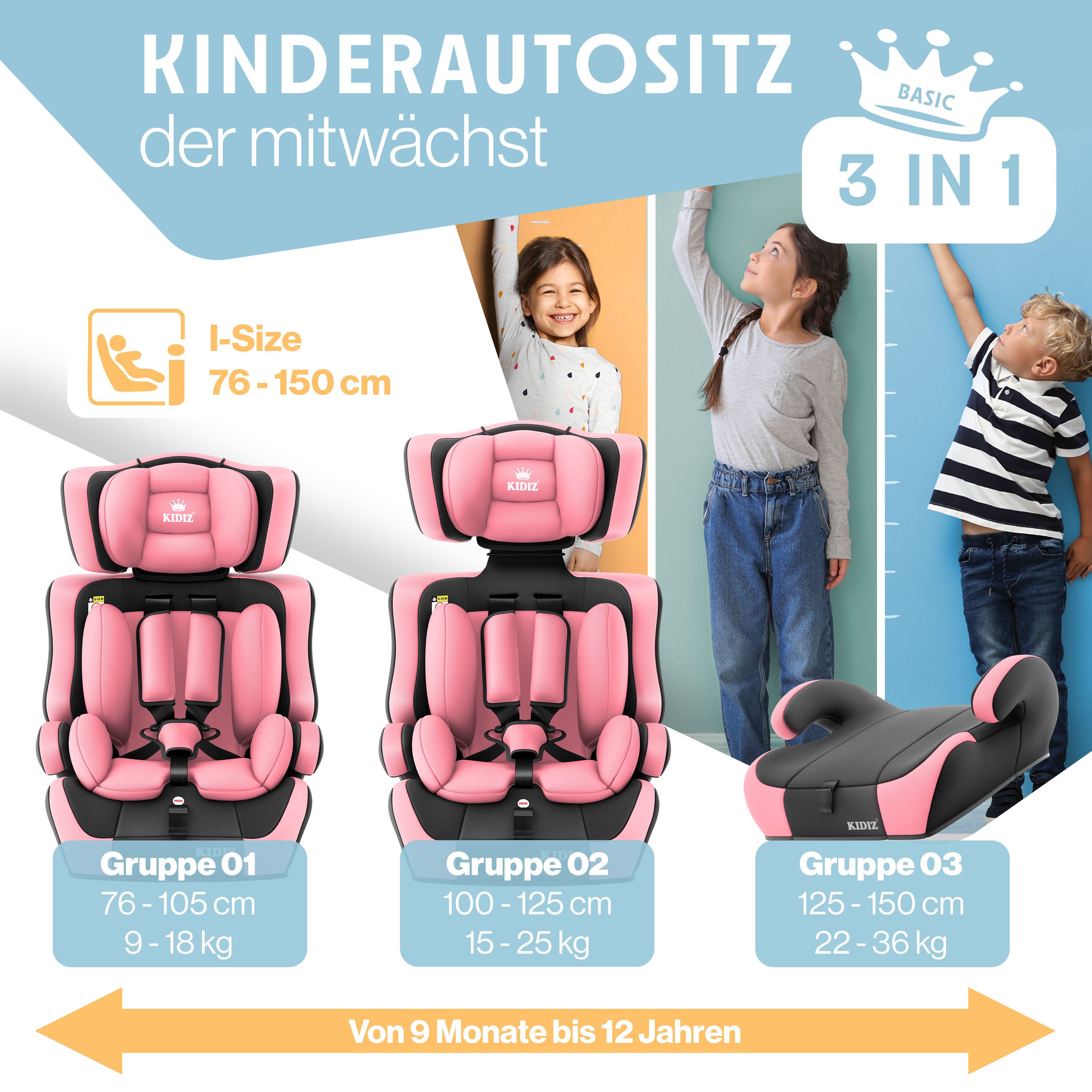 KIDIZ Autokindersitz 9-36kg Körpergewicht & 76-150cm Körpergröße, wächst mit ihrem Kind, bis: 1-12 Jahre, Geprüft & Zugelassen nach ECE R 129/03 – Bild 4 von 5