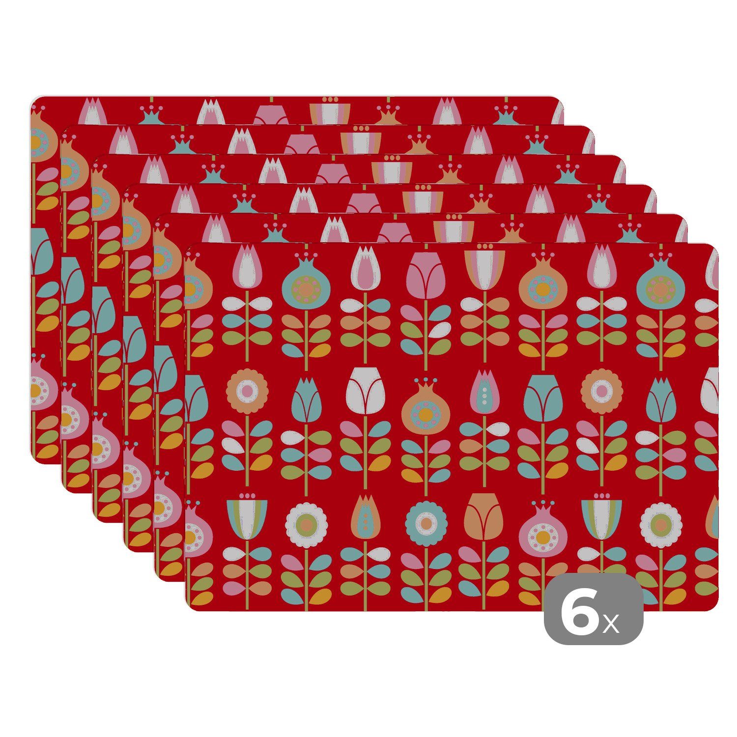 Platzset, Muster - Blumen - Retro - Rot, MuchoWow, (6-St), Platzset, Platzdecken, Platzmatte, Tischmatten, Schmutzabweisend