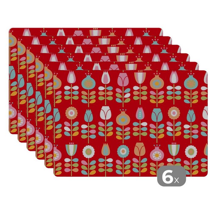 Platzset Muster - Blumen - Retro - Rot MuchoWow (6-St) Platzset Platzdecken Platzmatte Tischmatten Schmutzabweisend
