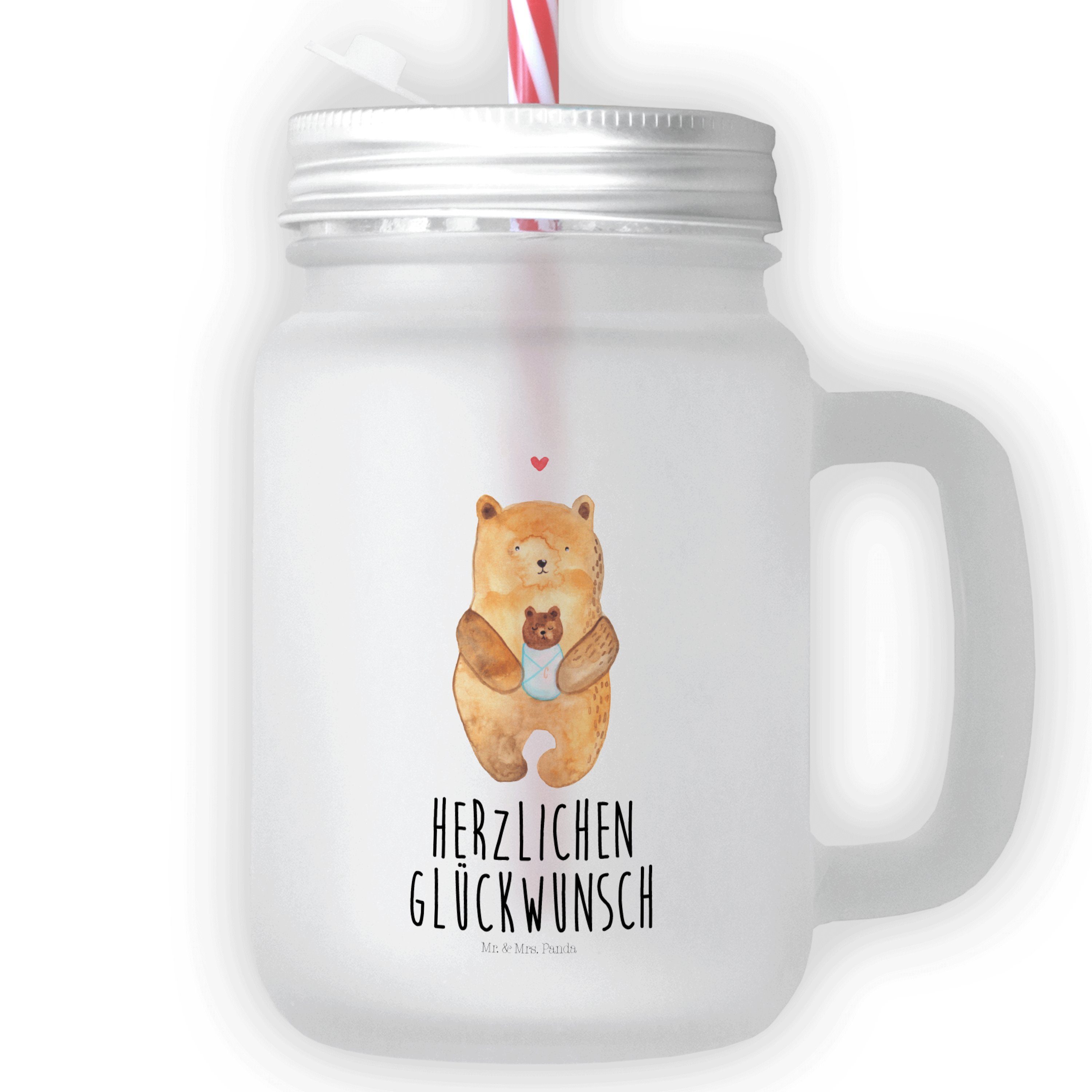 Mr. & Mrs. Panda Glas Bär mit Baby - Transparent - Geschenk, Strohhalm Glas, Täufling, Neff, Premium Glas