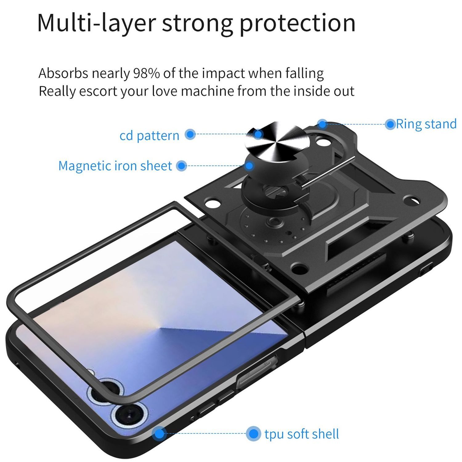 Wigento Handyhülle Für Samsung Galaxy Z Flip7 5G Magnet Ring TPU Hybrid PC Hülle Schwarz, Stoßfest, robust, 360° Ring Halter