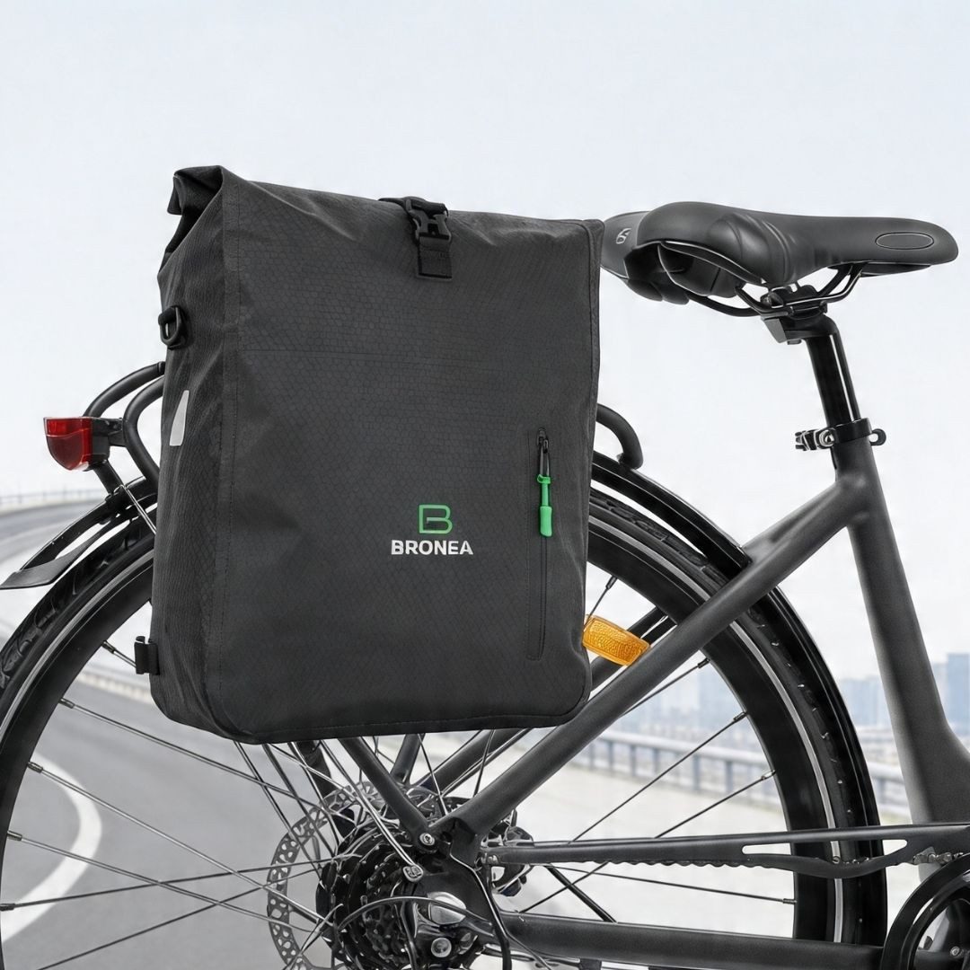 Bronea Fahrradtasche 3-in-1 Wasserdicht - 28L - SCHWARZ - Kombi Rucksack & Umhängetasche (Schnellmontage an Gepäckträger, integrierte Laptoptasche), Diamond-Struktur Laptoptasche 100% Wasserdicht Reflektierende Elemente