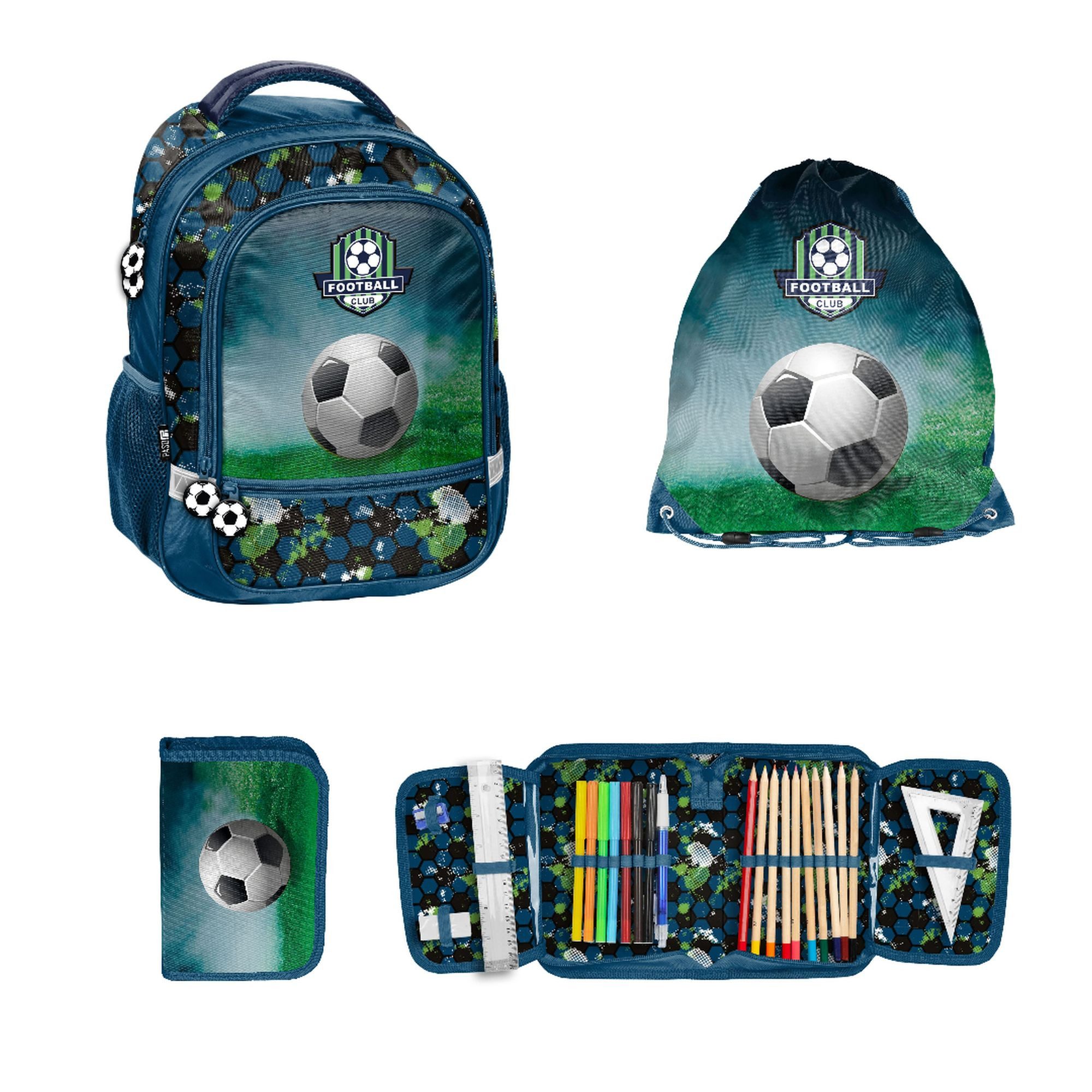 PASO Kinderrucksack mit Turnbeutel & befüllter Federmappe - FUSSBALL - Football Club (3-teilig)