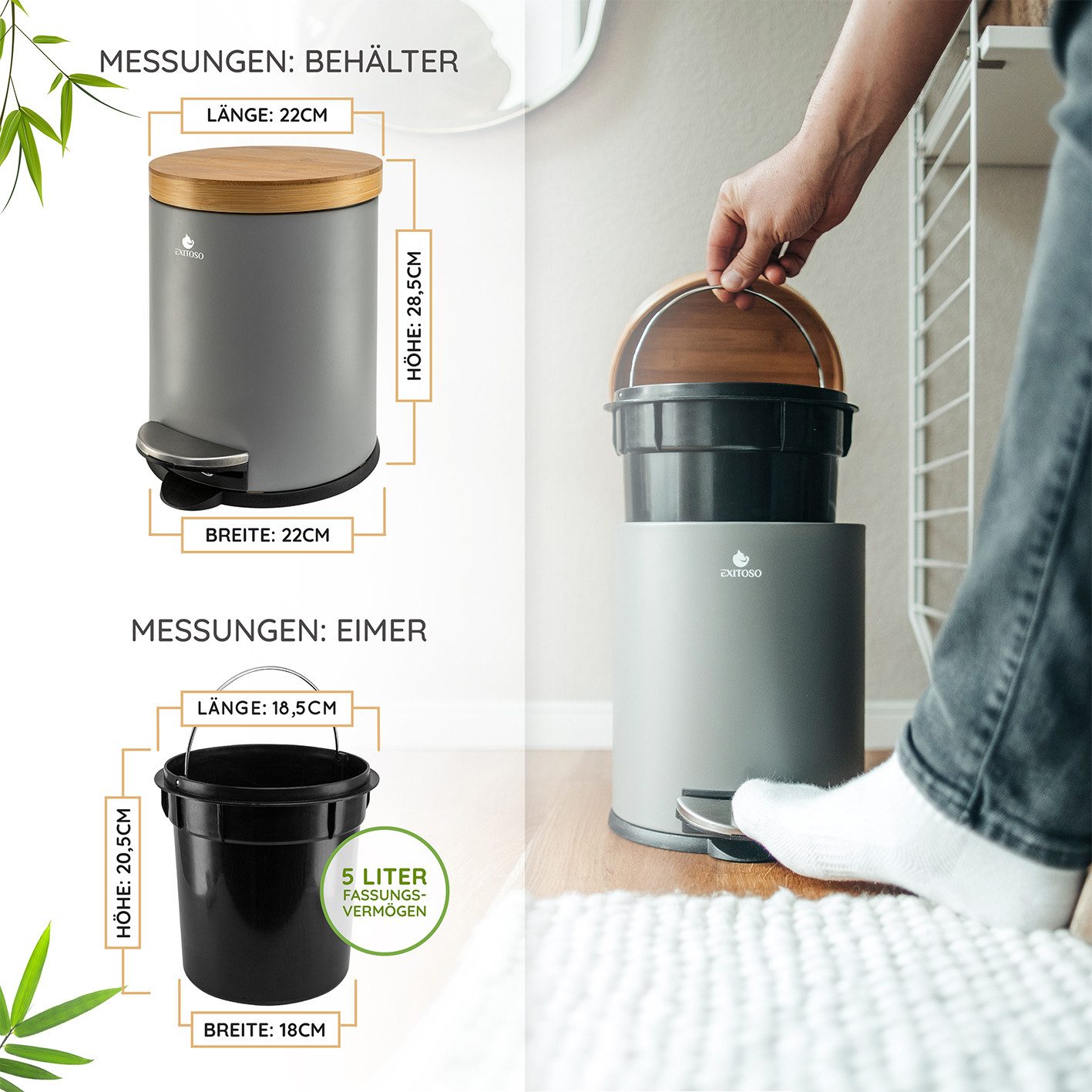 Exitoso Mülleimer 5 L leicht entleerbar Bambus, Kosmetikeimer WC-Eimer Tretmülleimer klein, mit Softclose-Funktion – Bild 4 von 5