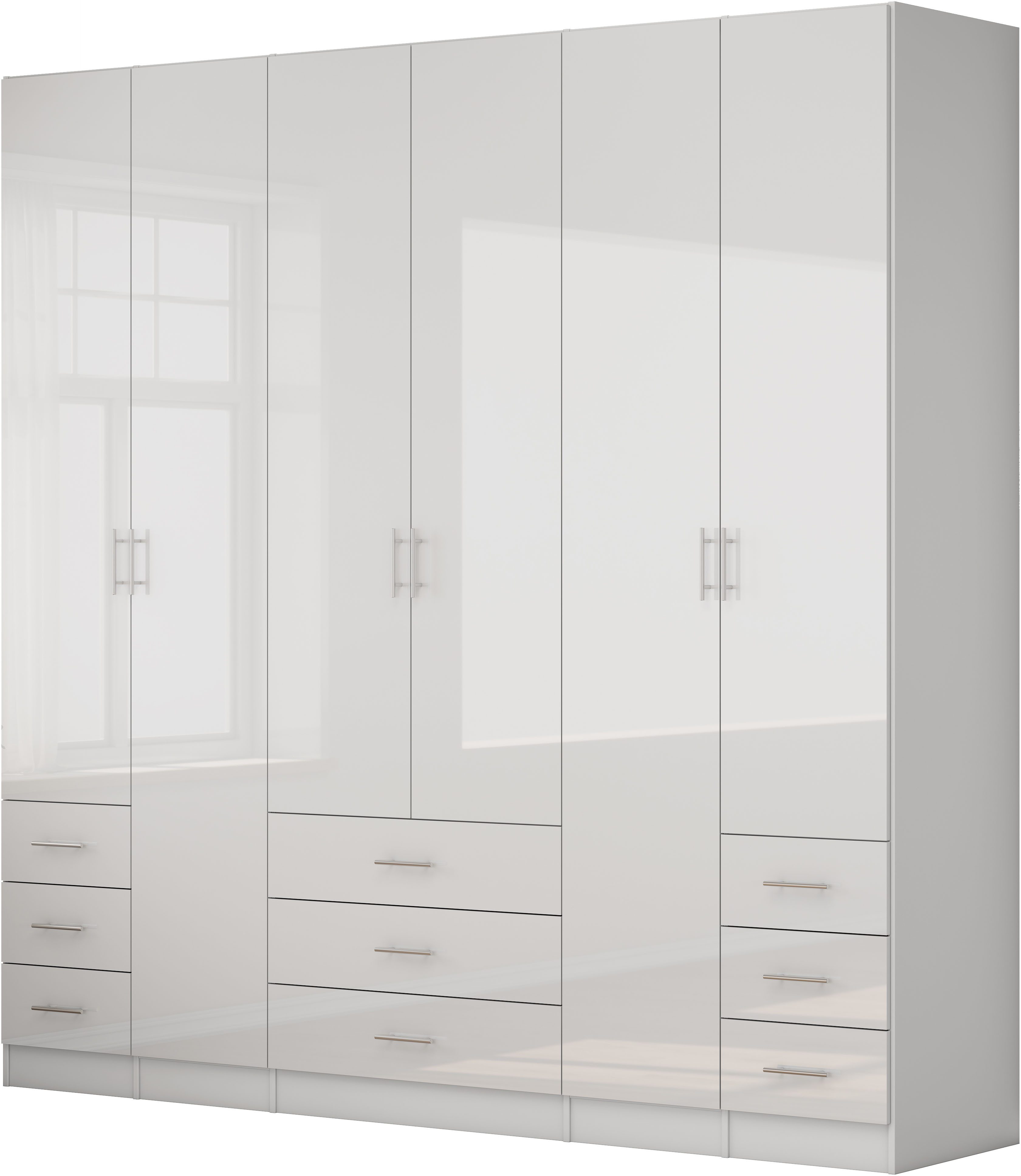 OTTO home Kleiderschrank Trento Schlafzimmerschrank Garderobe hochglanz (in 2 unterschiedlichen Schrankhöhen wählbar) Schrank mit 6 Türen und 9 Schubladen, Hochglanz-Fronten, 2,39m Höhe
