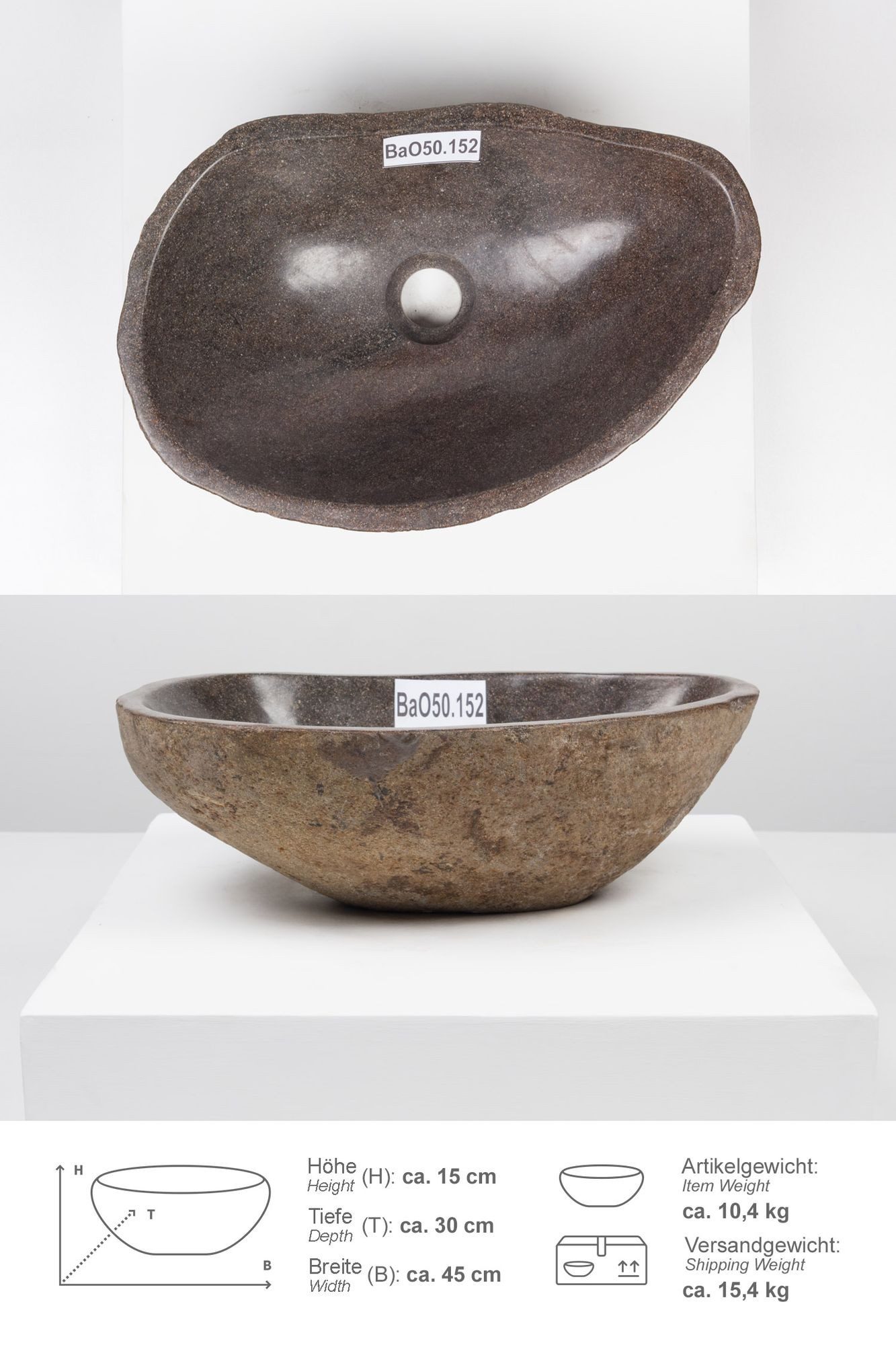 wohnfreuden Aufsatzwaschbecken Naturstein Waschbecken 40 cm oval (Kein Set), 101726_BaO50.152