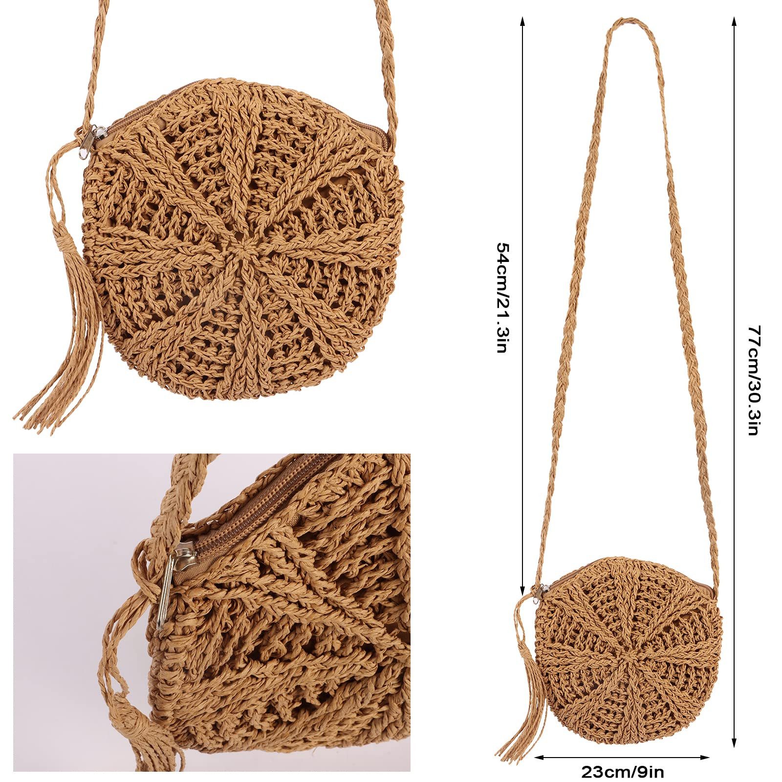 Zaewry Strandtasche Vintage Strandtasche Strand Stroh Handtasche Rund Crossbody Tasche, für Damenreisen und Urlaub – Bild 2 von 5