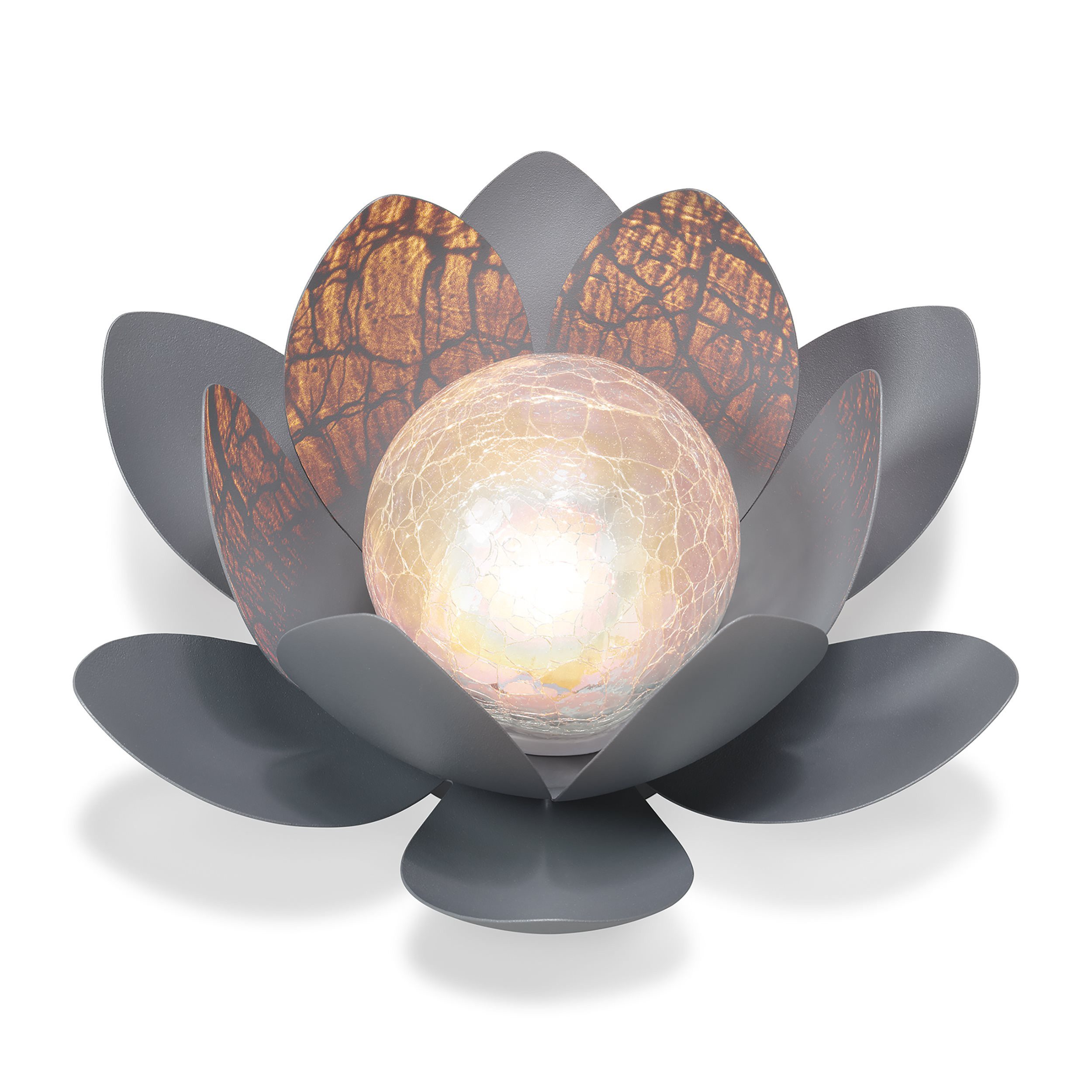 esotec LED Solarleuchte Metall LOTUSBLÜTE D=26cm mit Bruchglaskugel 2700K warmweiß 102086, LED fest integriert