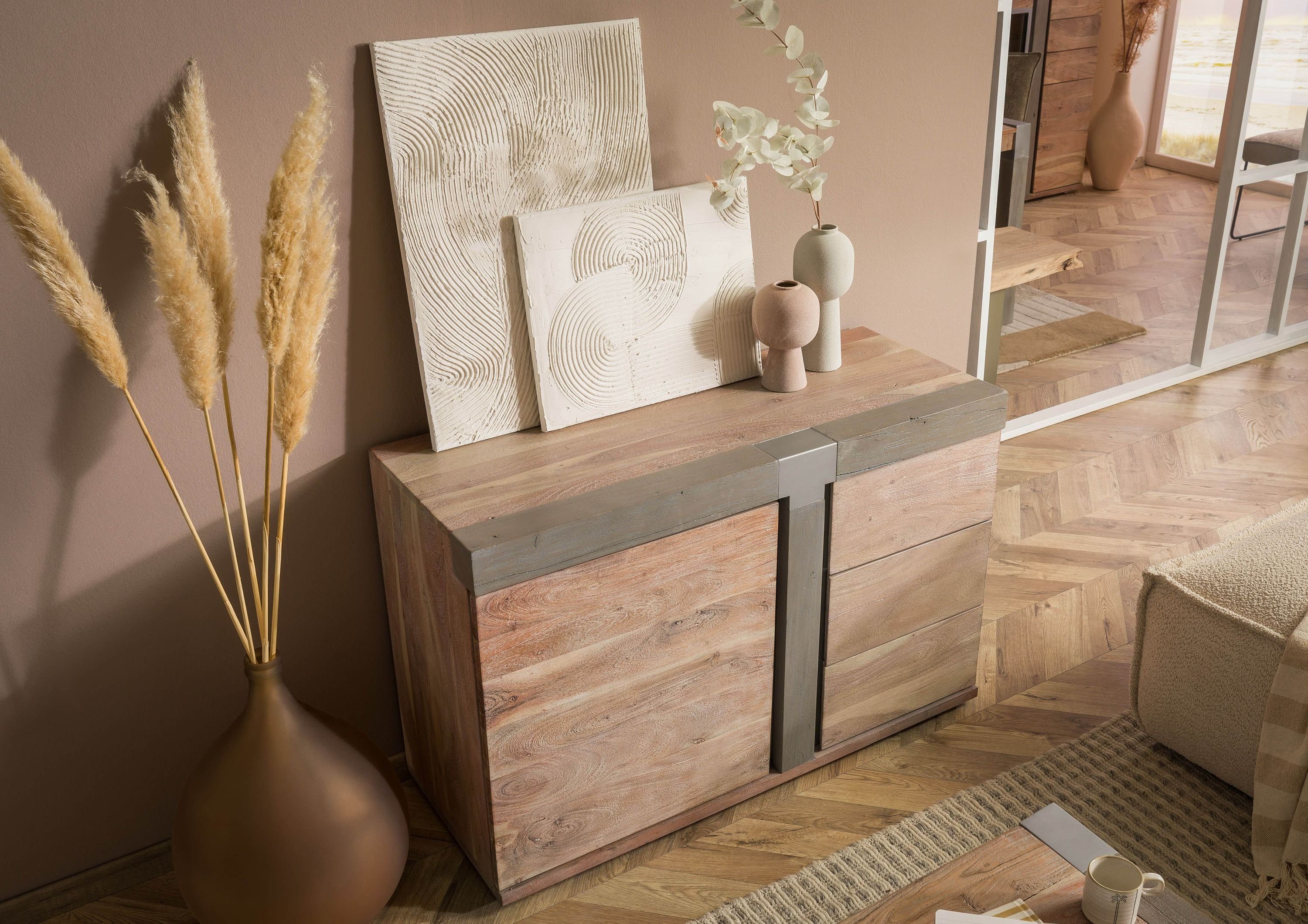 Massivmoebel24 Sideboard AMSTERDAM (Massivholz), Sideboard Akazie 115x45x75 beige lackiert Amsterdam #109