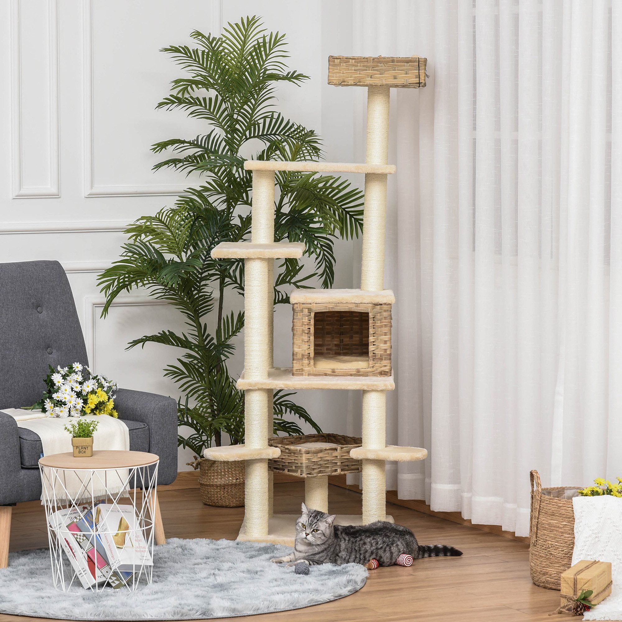 PawHut Kratzbaum Rattan mit Katzenhöhle Mehrstufiger Katzenbaum E1 MDF Sisal, 55L x 55B x 174H cm