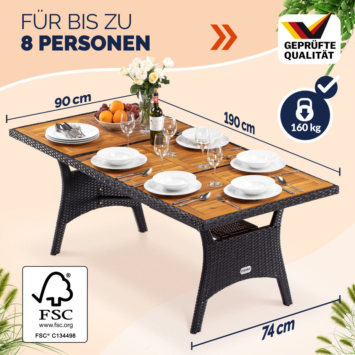 Casaria Gartentisch (1-St), Polyrattan mit Ablage FSC®- zertifiziertes Akazienholz 190x90cm