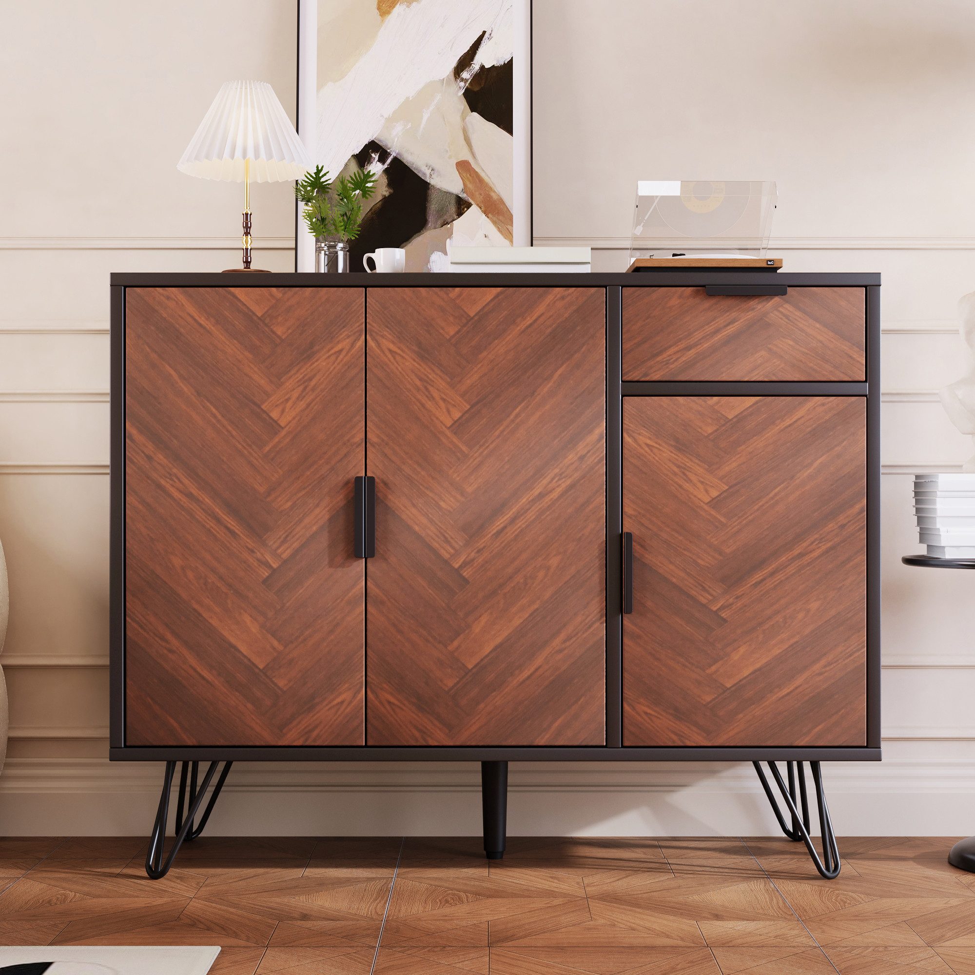 Merax Sideboard im Holzoptik mit Schubladen und 3 Türen (Wohnzimmerschrank, Highboard, Aufbewahrungsschrank mit vielseitiger Stauraum), Kommode mit höhenverstel – Bild 5 von 5