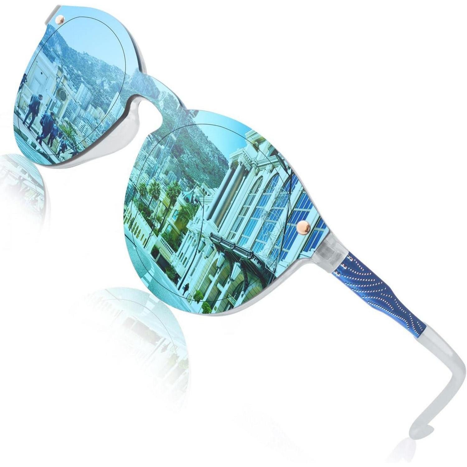 Sonnenbrille Sonnenbrille Damen Herren Verspiegelt Rund Groß UV400 Blau Blau Blau