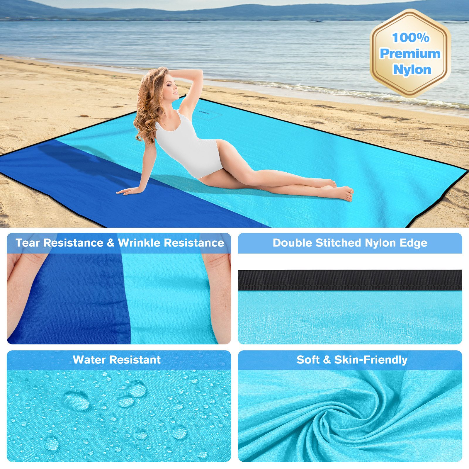 Picknickdecke Stranddecke Sandfrei super groß 210x200 cm, Sanddicht Wasserdicht, Fintie, Super Leicht Dünn Bequem Langlebiges Material, Strandmatte, Strandtuch – Bild 4 von 5