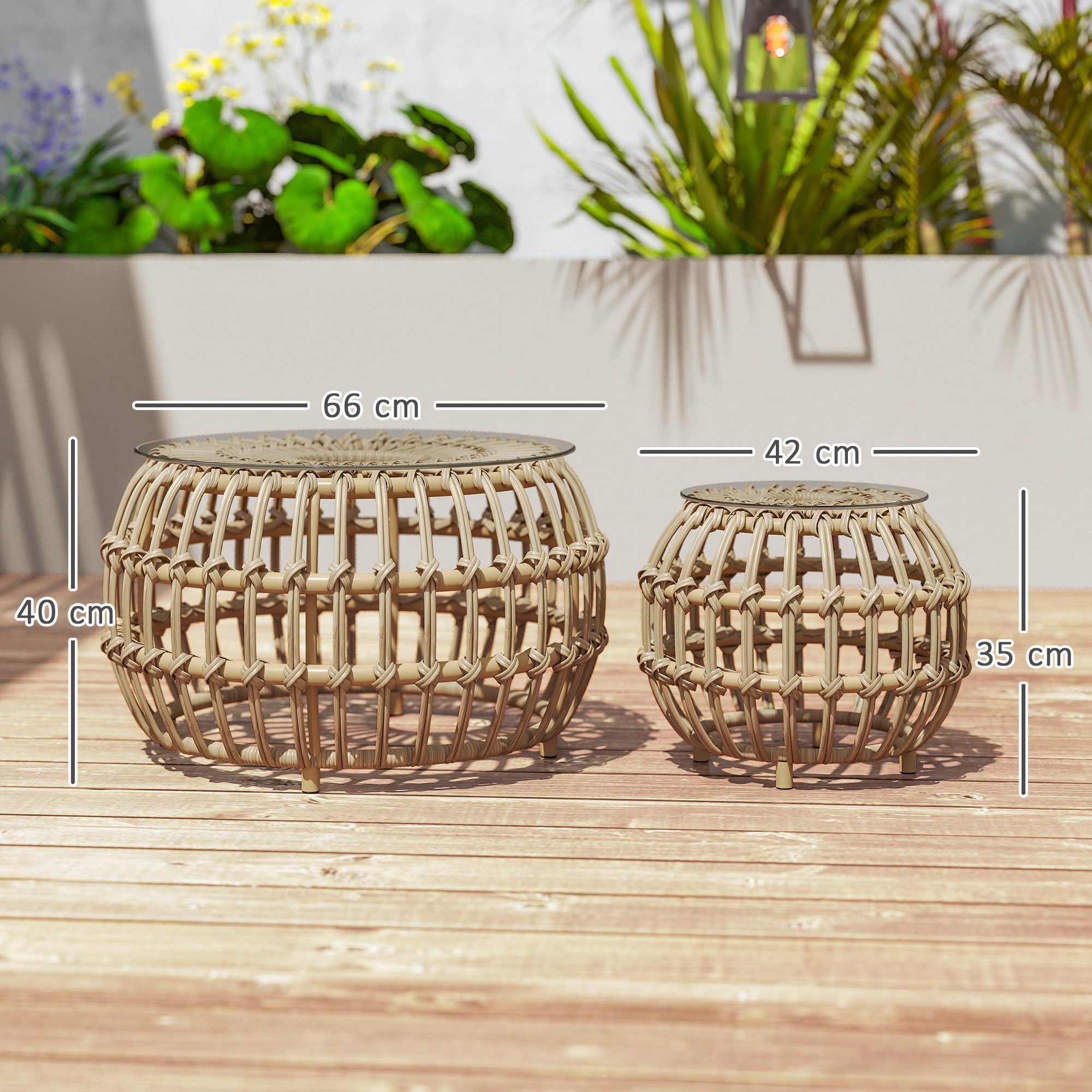 Outsunny Beistelltisch mit Glasplatte (rund wetterfest Gartentisch, 2-St., 2er Set Balkontisch aus Polyrattan), Ø66,42 cm, für Garten, Balkon, Braun