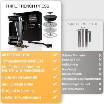 Thiru French Press Kanne Kaffeebereiter mit 4D Filtersystem, Edelstahl & Glas