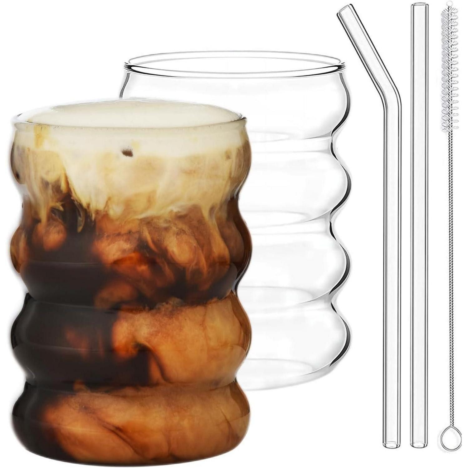 LuxusKollektion Gläser-Set 350ML gerippte Trinkgläser Set of 2 with Glass Straws, bubble, Glas