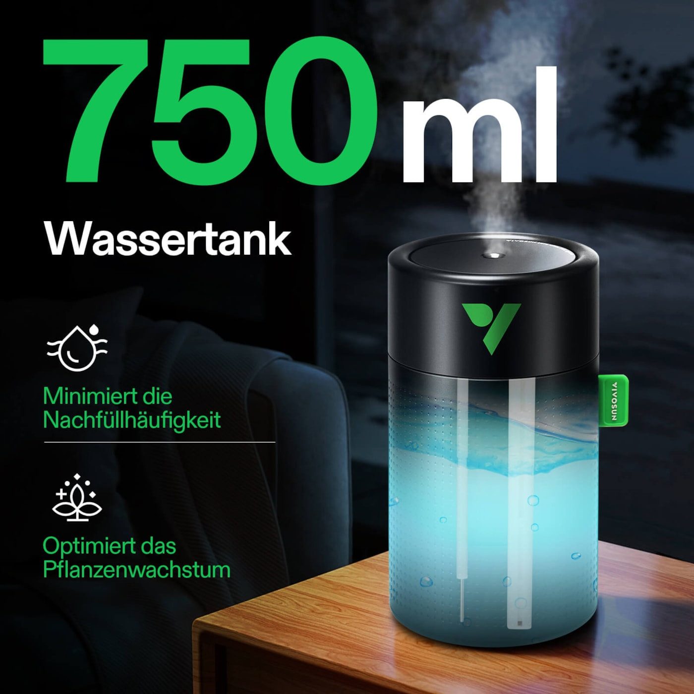 VIVOSUN Luftbefeuchter VIVOSUN AeroStream, 0,75 l Wassertank, USB Luftbefeuchter mit 750 ml Tank