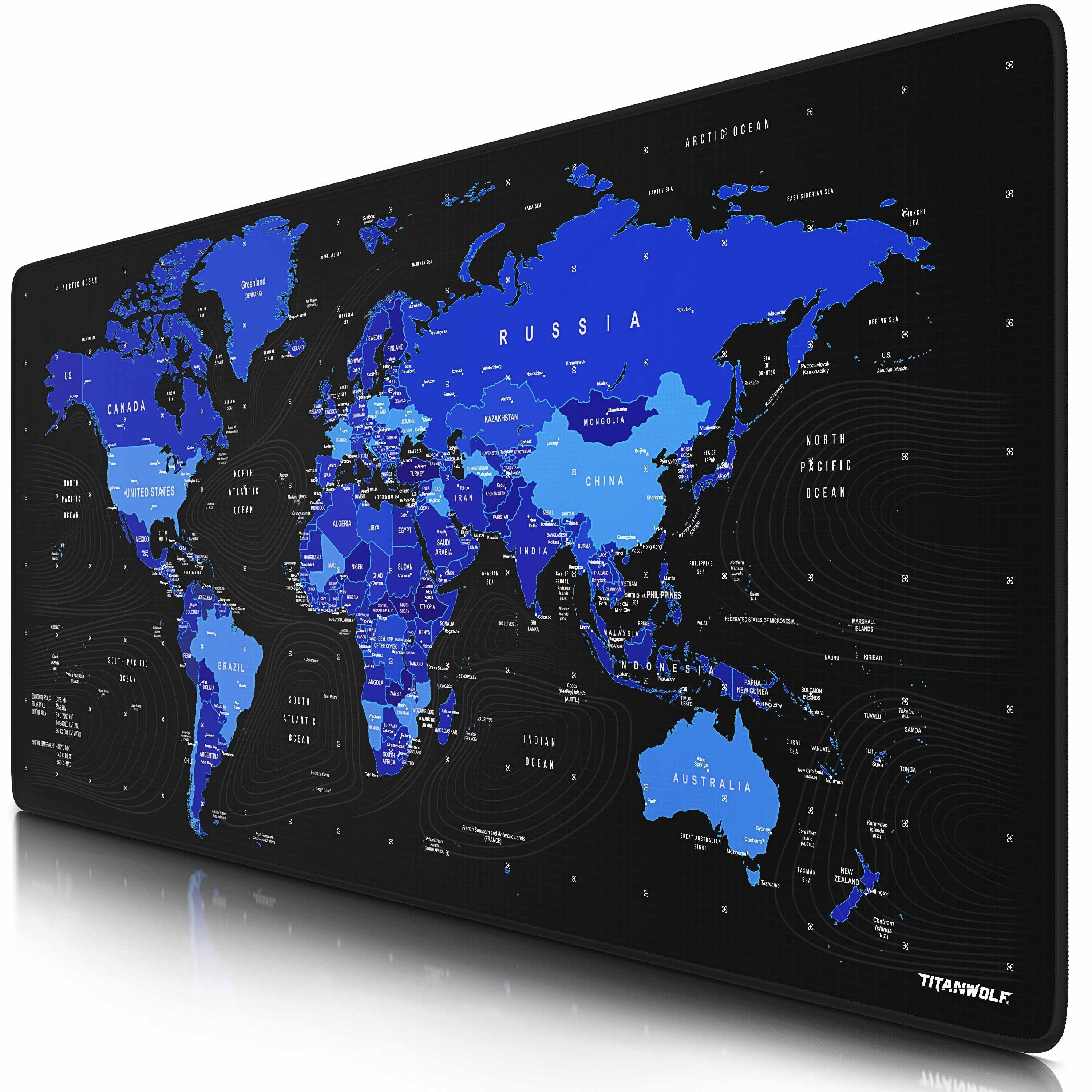Titanwolf Gaming Mauspad XXL Speed Mousepad 900 x 400 x 3 mm, große Tischunterlage (1-St), rutschfest, abwaschbar, Geschwindigkeit & Präzision, Welktarte blau