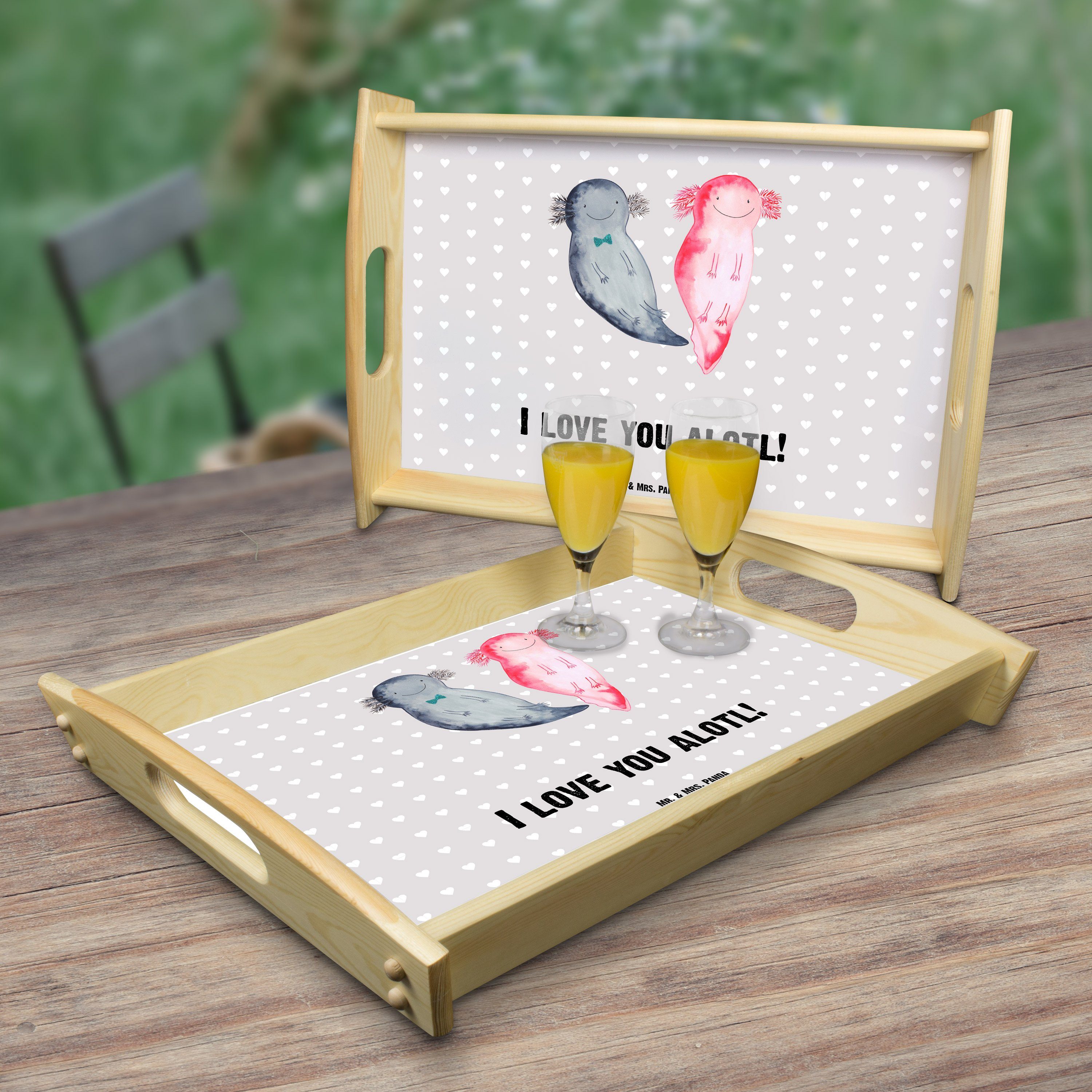 Mr. & Mrs. (1-tlg) - Axolotl lasiert, - Frühstückstabl, Hochzeitstag, Grau Tablett Pastell Geschenk, Liebe Panda Echtholz