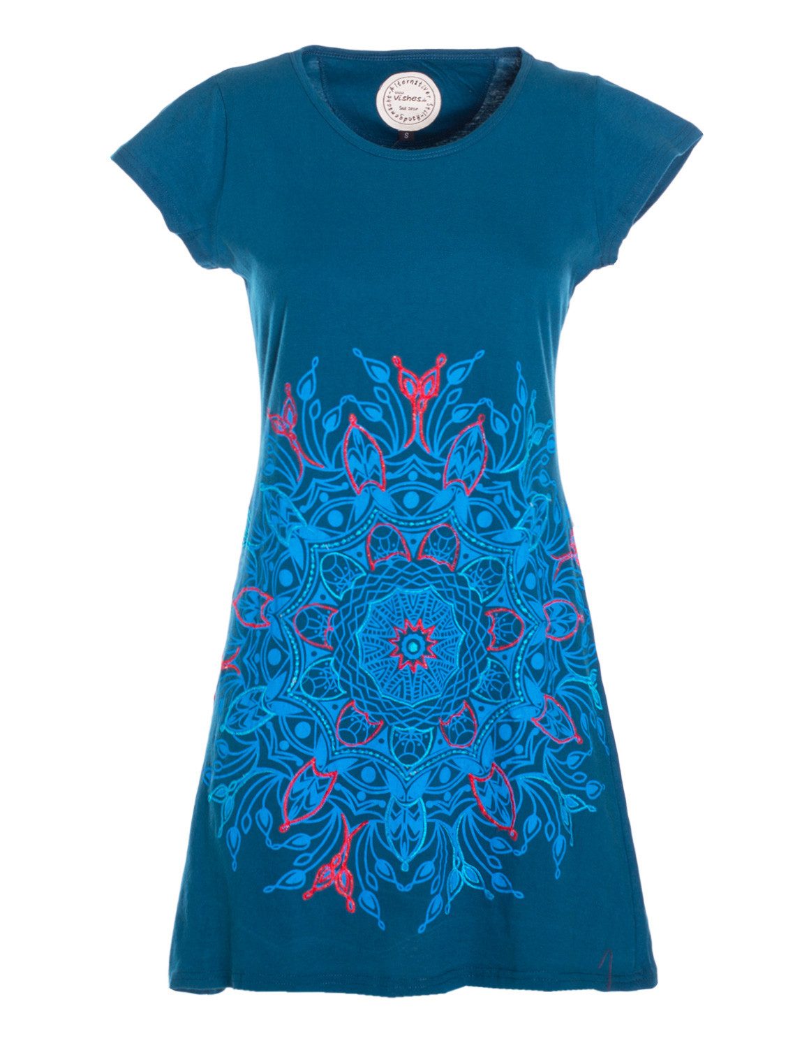 Vishes Minikleid Kurzarm Tunika Minikleid Damen Besticktes Mandala Baumwolle Alternative Mode, Boho, Hippie, Ethno, Festival