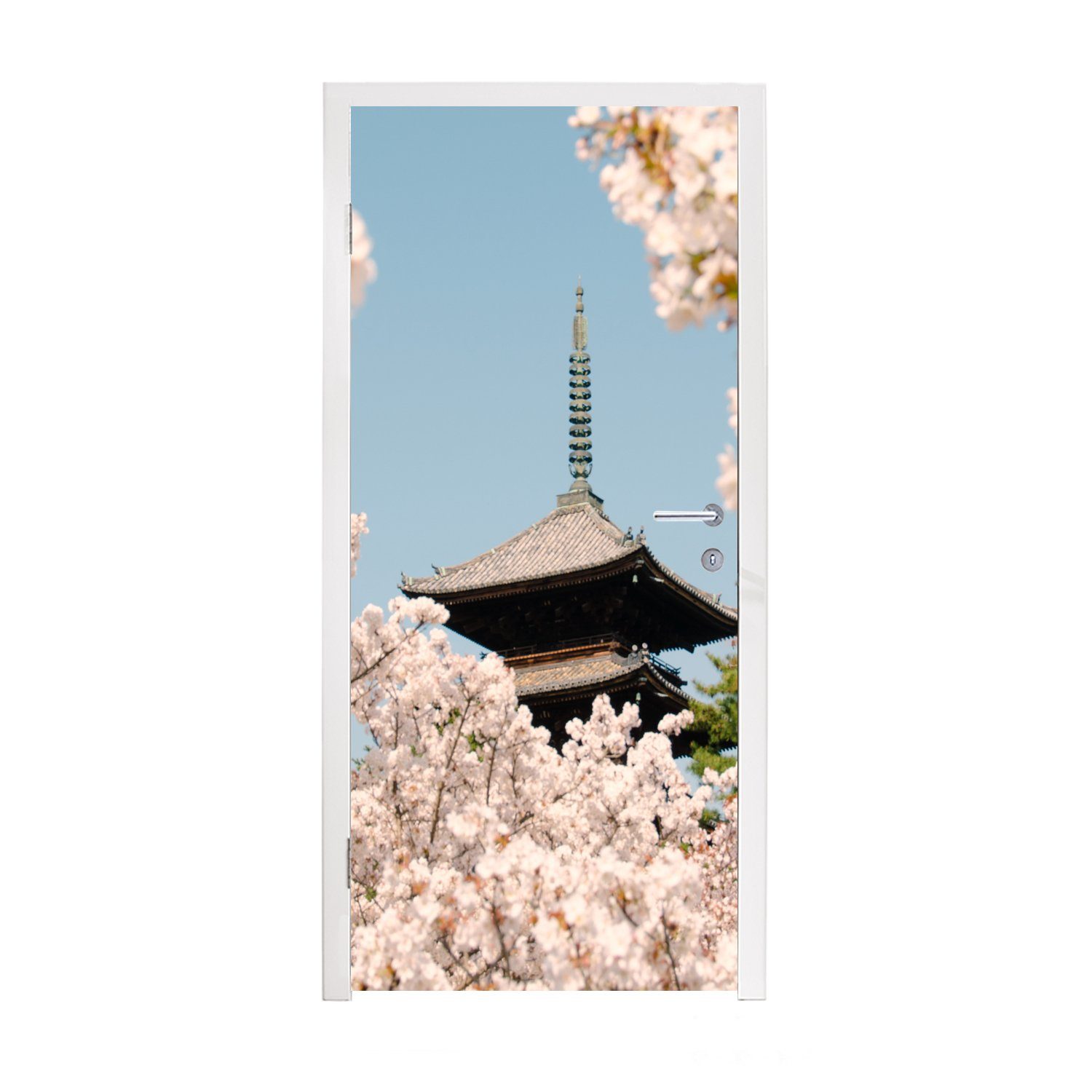 Tür, Pagode Fototapete Blütenbaum Frühling, - cm St), - Sakura Türtapete Türaufkleber, - bedruckt, MuchoWow Matt, Japan - für (1 75x205