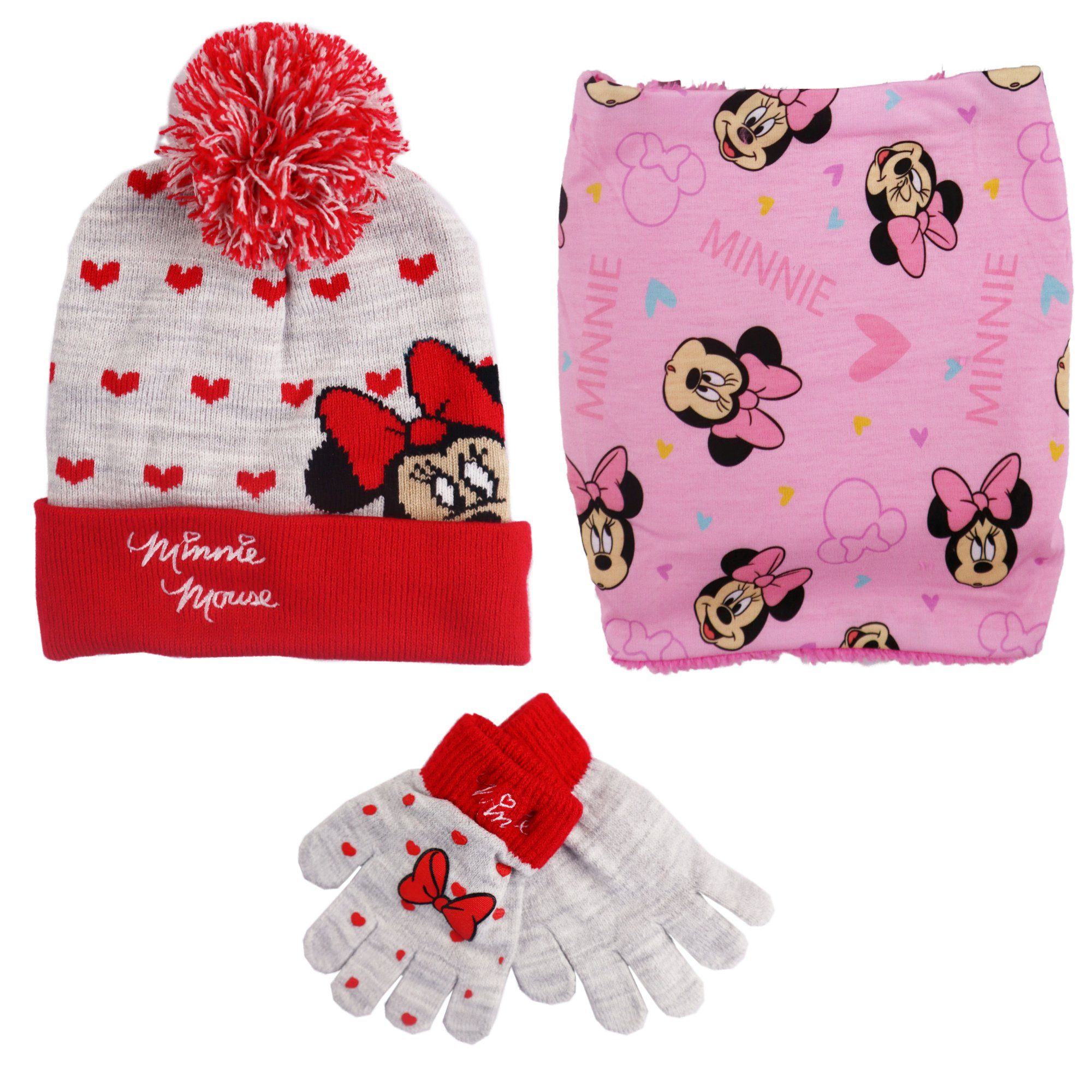 Disney Bommelmütze Disney Minnie Maus 3teiliges Set Kinder (2-St) Herbst Wintermütze Snood plus Handschuhe