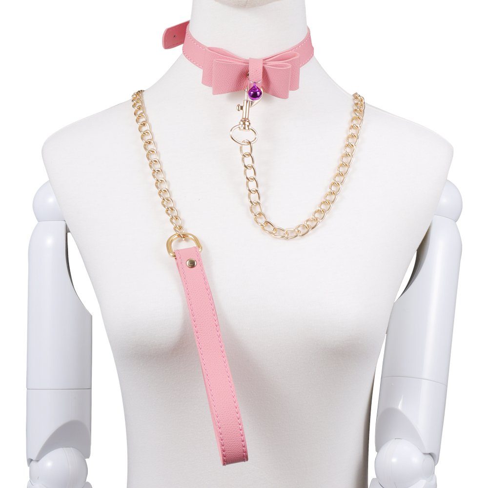 Sandritas Erotik-Halsband Rosa BDSM Leine Schleife Gold mit Cosplay Bondage Halsband