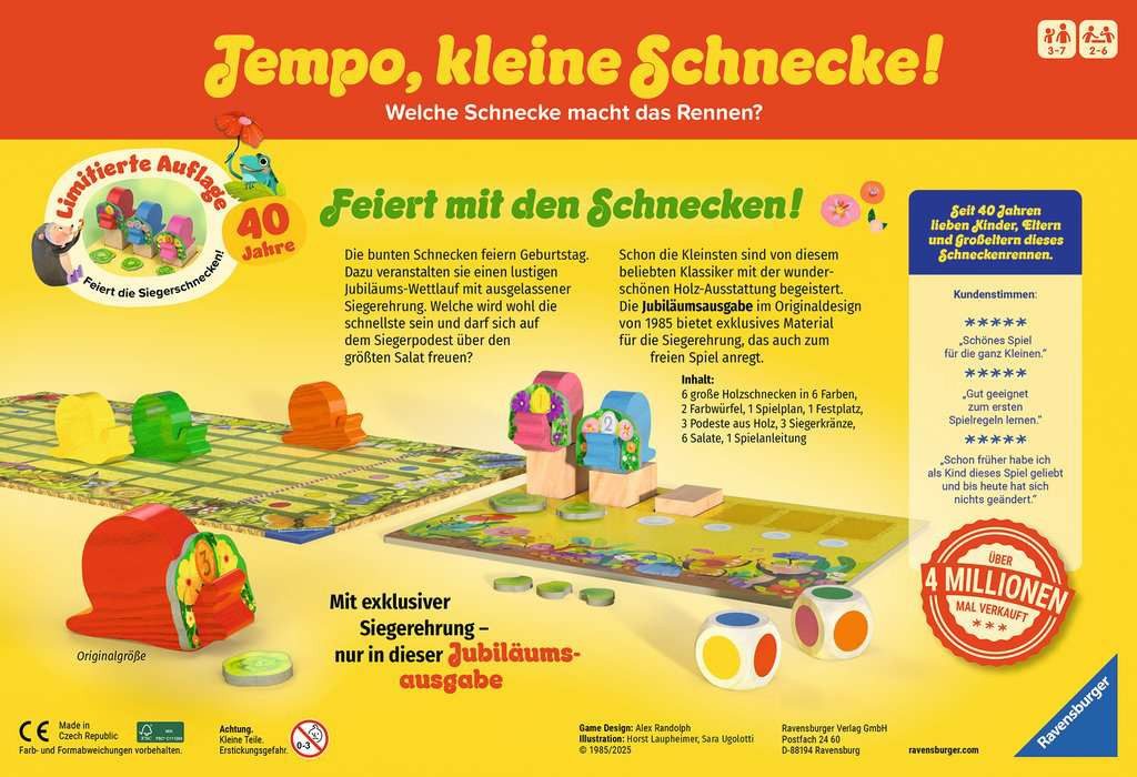 Ravensburger Spiel Ravensburger Retro Tempo, kleine Schnecke! 40 Jahre Jubiläumsausgabe, Wettlaufspiel, Made in Europa