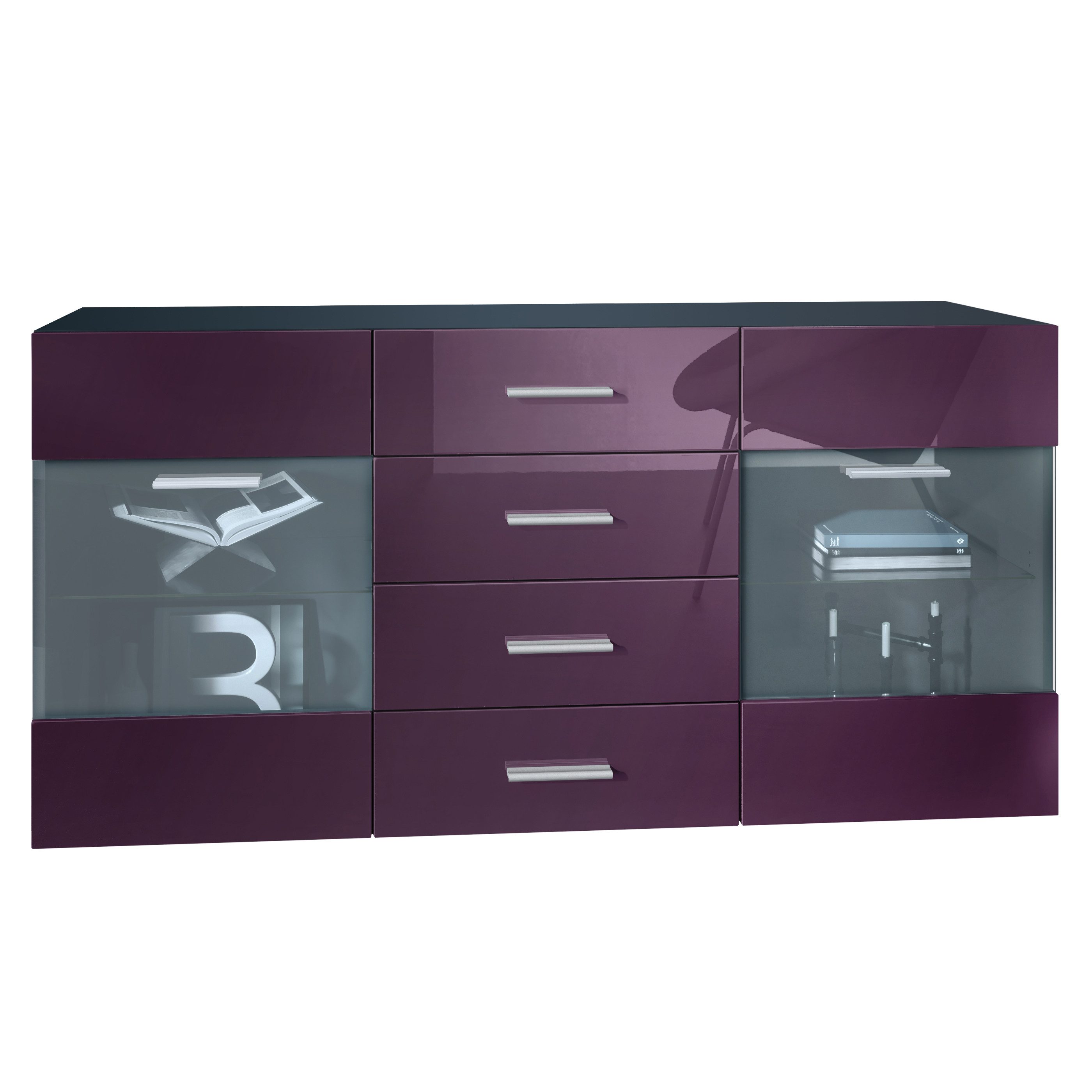 Vladon Sideboard Carlos V1 (Kommode mit 2 Türen, 4 Schubladen und 2 flexible Glaseinlegeböden), Schwarz matt/Brombeer Hochglanz (139 x 72 x 35)