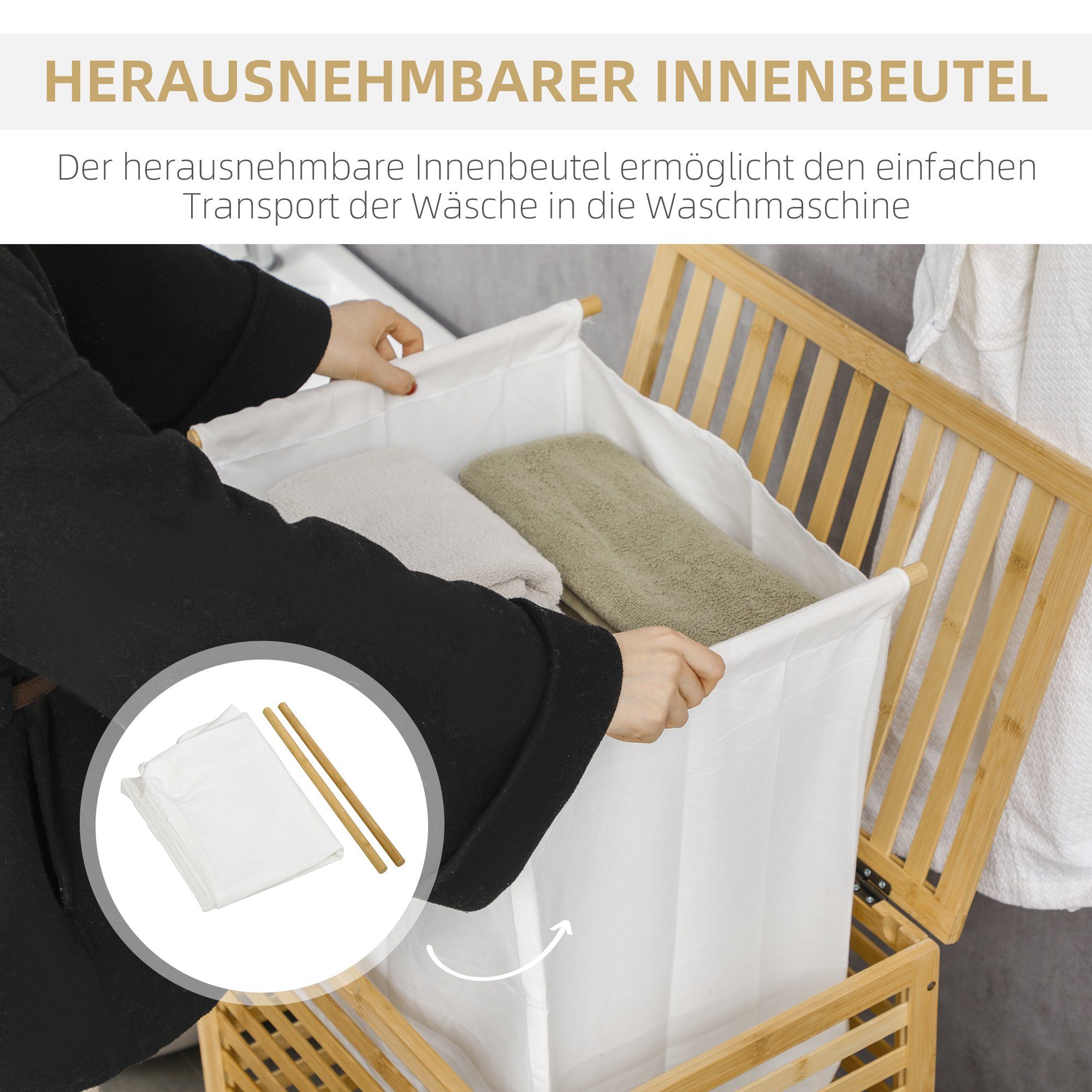 1 Wäschesack Deckel entnehmbarem Bad, mit Wäschekorb HOMCOM Bambus, Wäschetruhe), für und Wäschekorb St., Wäschesammler aus (Wäschebox, Wäscheständer
