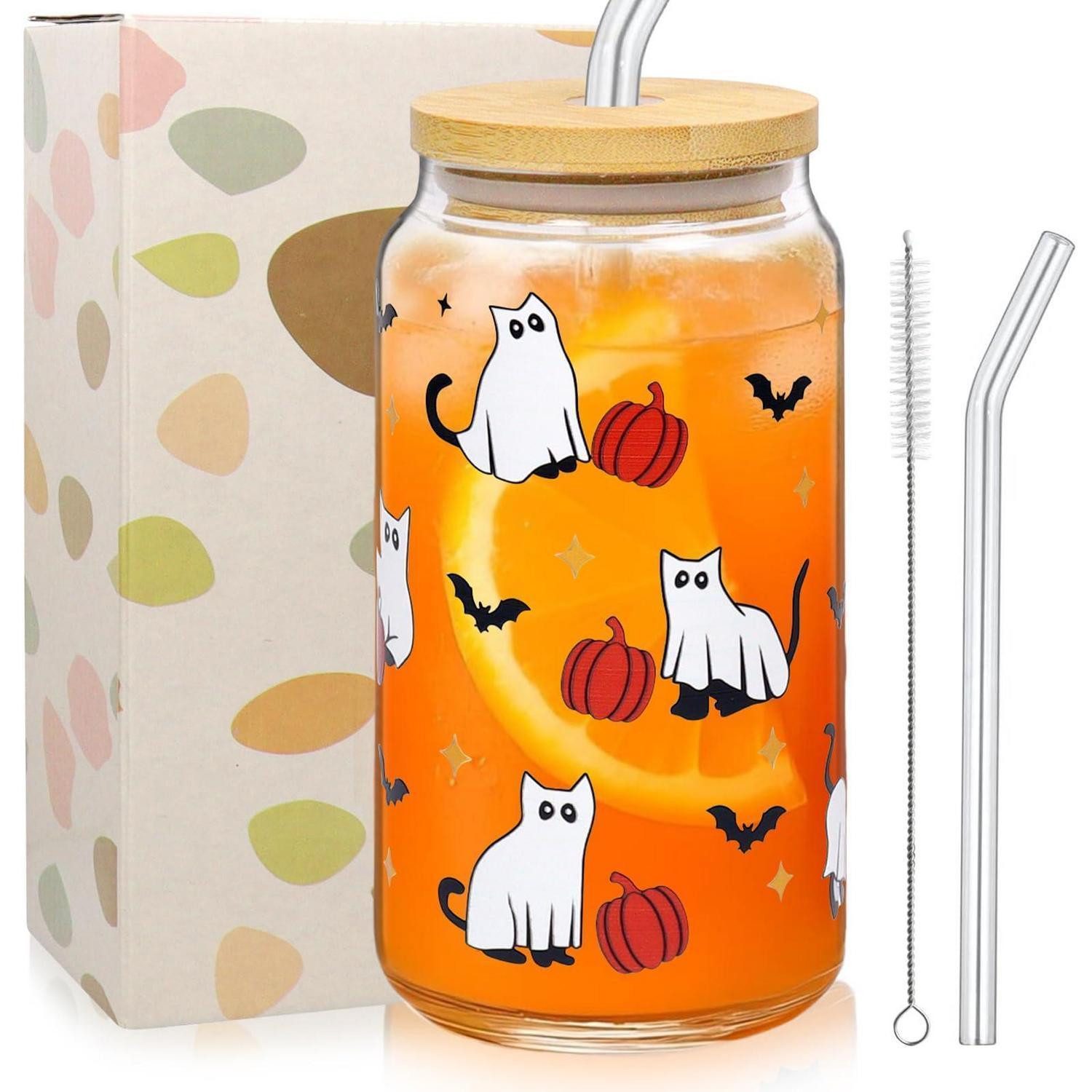 LuxusKollektion Becher Halloween Glas 500ml Geist Katze Kürbis m. Deckel & Strohhalm, Glas