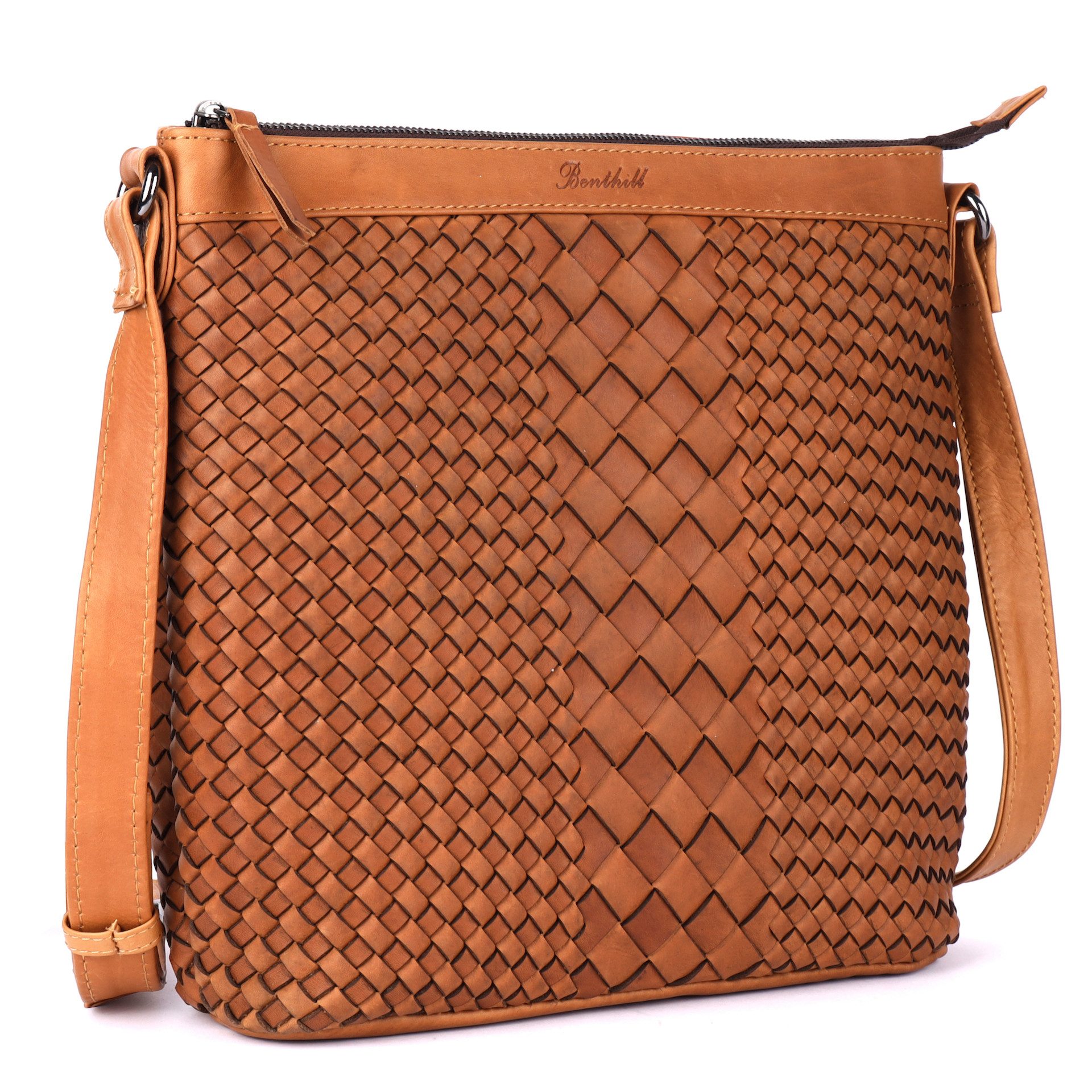 Benthill Umhängetasche Damen Echt Leder Umhängetasche Vintage Handtasche geflochtenem Muster, Schultergurt / Umhängegurt Reißverschlussfach