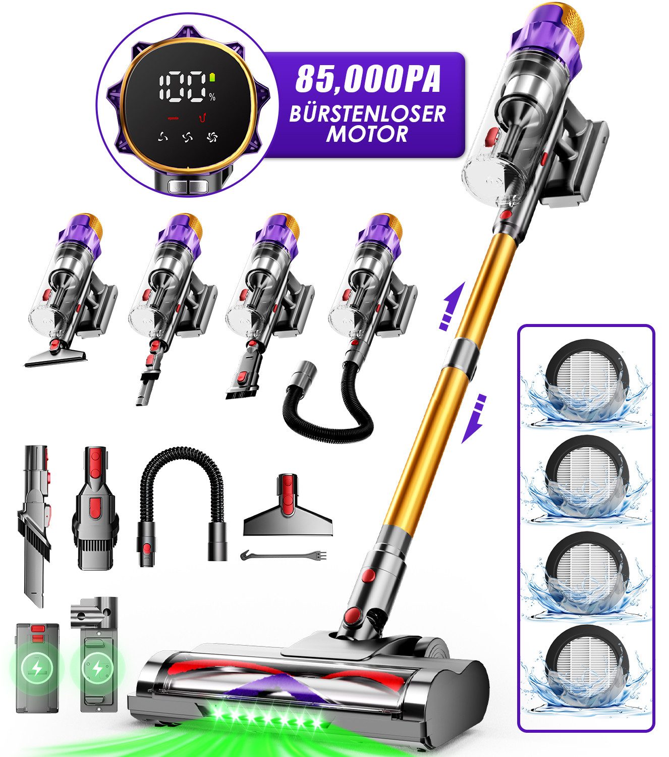 Hiazurm Akku-Hand-und Stielstaubsauger Akku Staubsauger,85000Pa/2.8L/70min OLED-Display Staubsauger Kabellos, 3 Stufen Bürstenloser Motor Stabstaubsauger Grüne Schmutz-Erkennung, Akkusauger für Tierhaare, Teppich & Auto