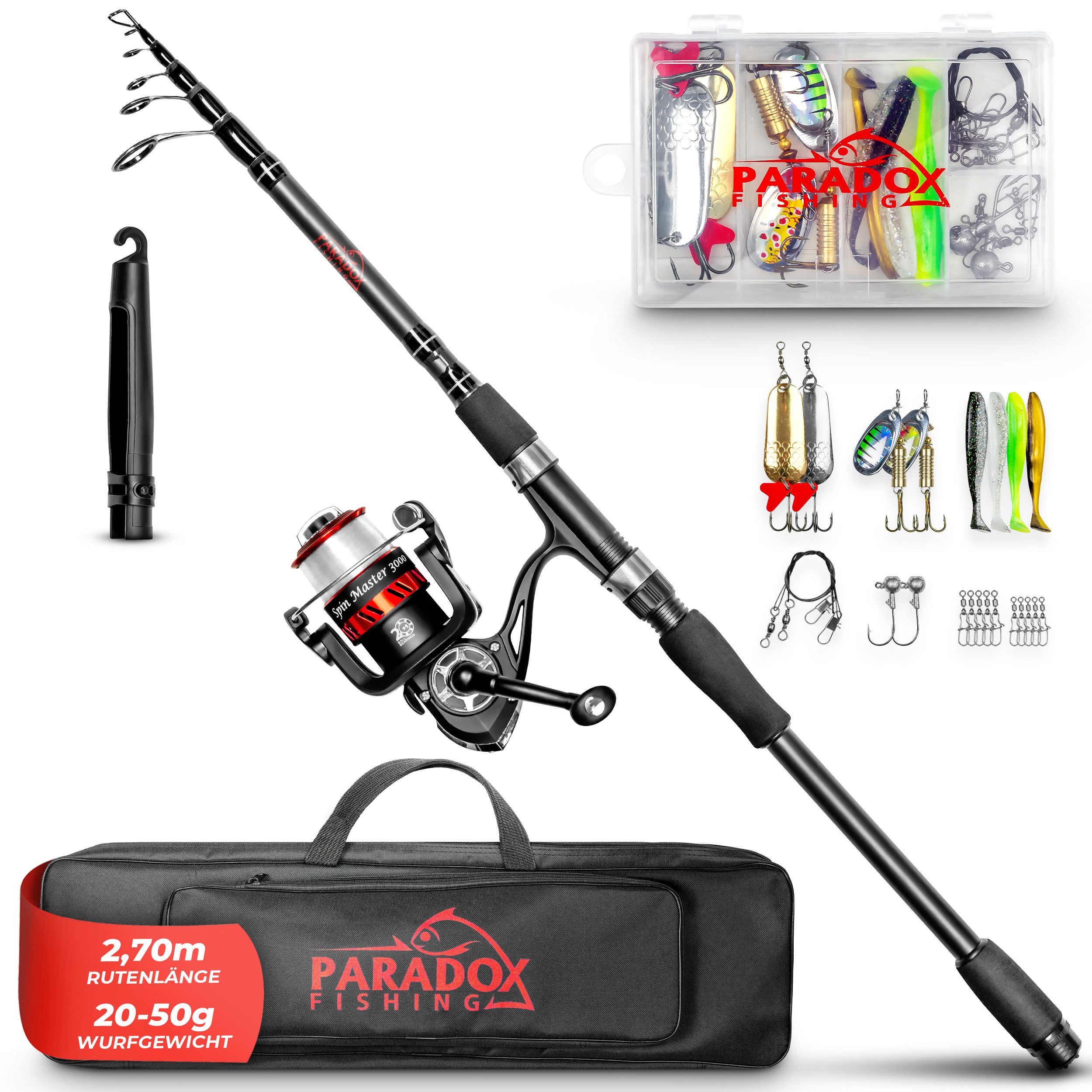 Paradox Fishing Spinnrute Komplett Angelset Teleskop + 3000 Angelrolle mit Schnur und Ködern, (2,10m 10-30g, 2,40m 15-40g, 2,70m 20-50g)