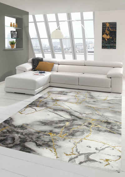 Teppich Teppich Wohnzimmer Design Teppich Marmor Optik mit Glanzfasern in Grau Gold, Teppich-Traum, rechteckig, Höhe: 12 mm