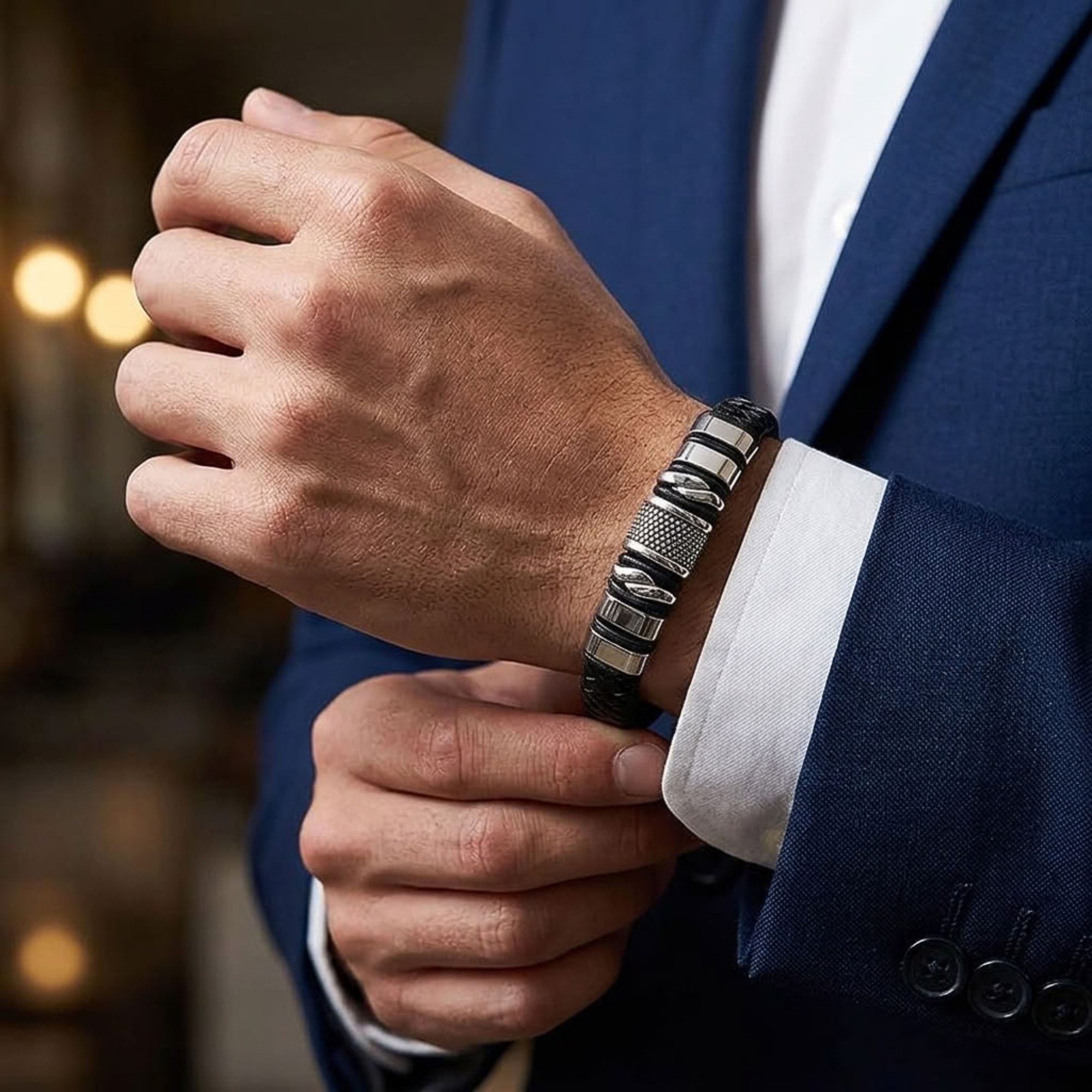 UNIQAL.de Lederarmband „MAMBA“ – Maskulines Design in Schwarz & Silber (Echtleder, Edelsthal, Magnetverschluss mit Verlängerungsglied, perfektes Geschenk, Bewäh – Bild 5 von 5
