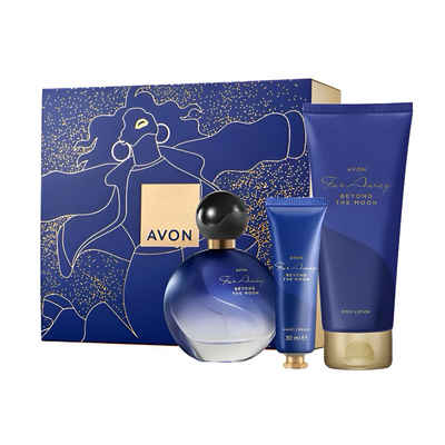 AVON Cosmetics Eau de Parfum FAR AWAY BEYOND THE MOON BOX Geschenkset Handcreme, Körperlotion, 4-tlg., Taschenspray, Mondlicht-inspirierte Pflege, Geschenk