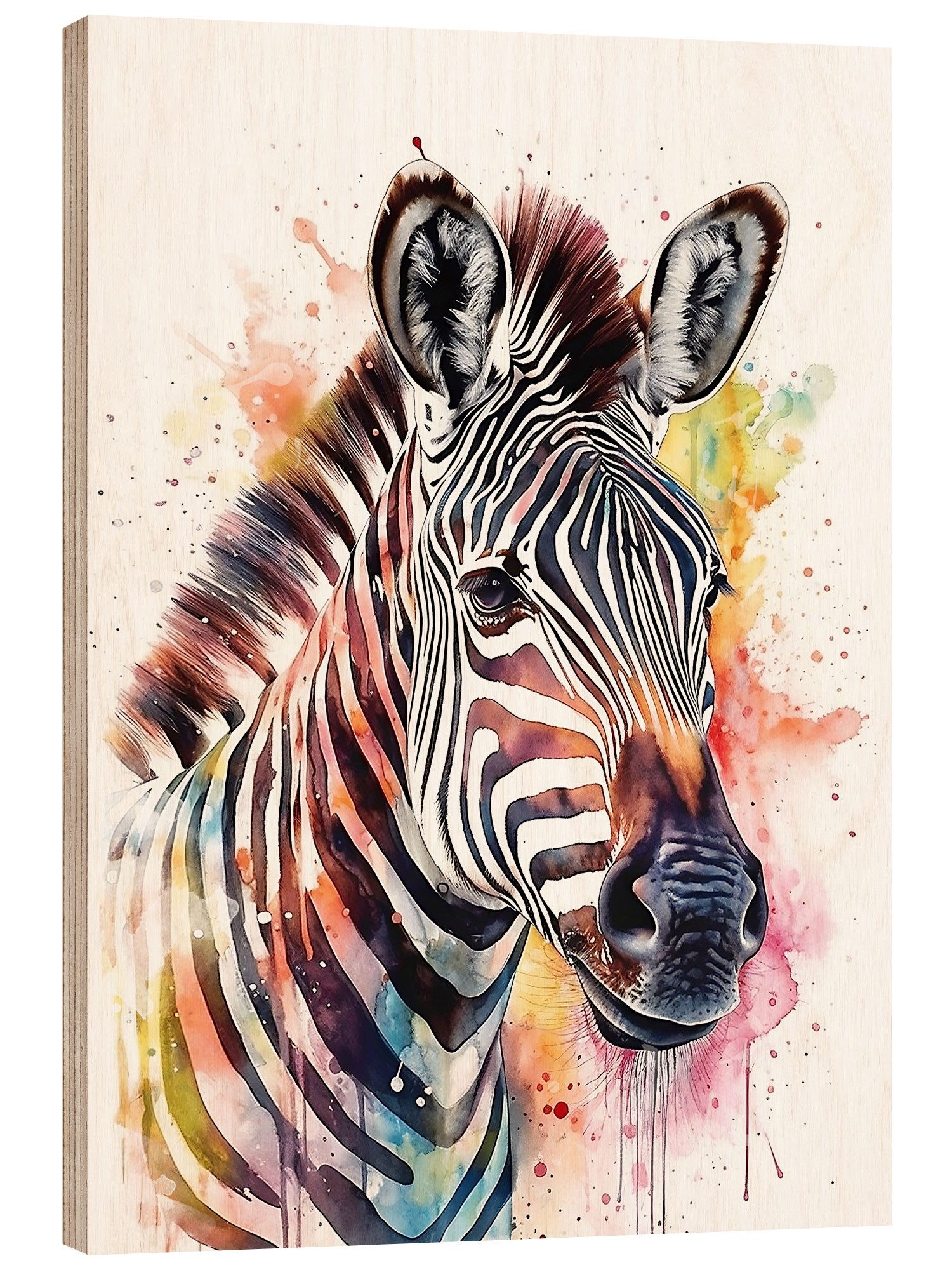 Posterlounge Holzbild Olga Telnova, Buntes Aquarell-Zebra, Mädchenzimmer Illustration