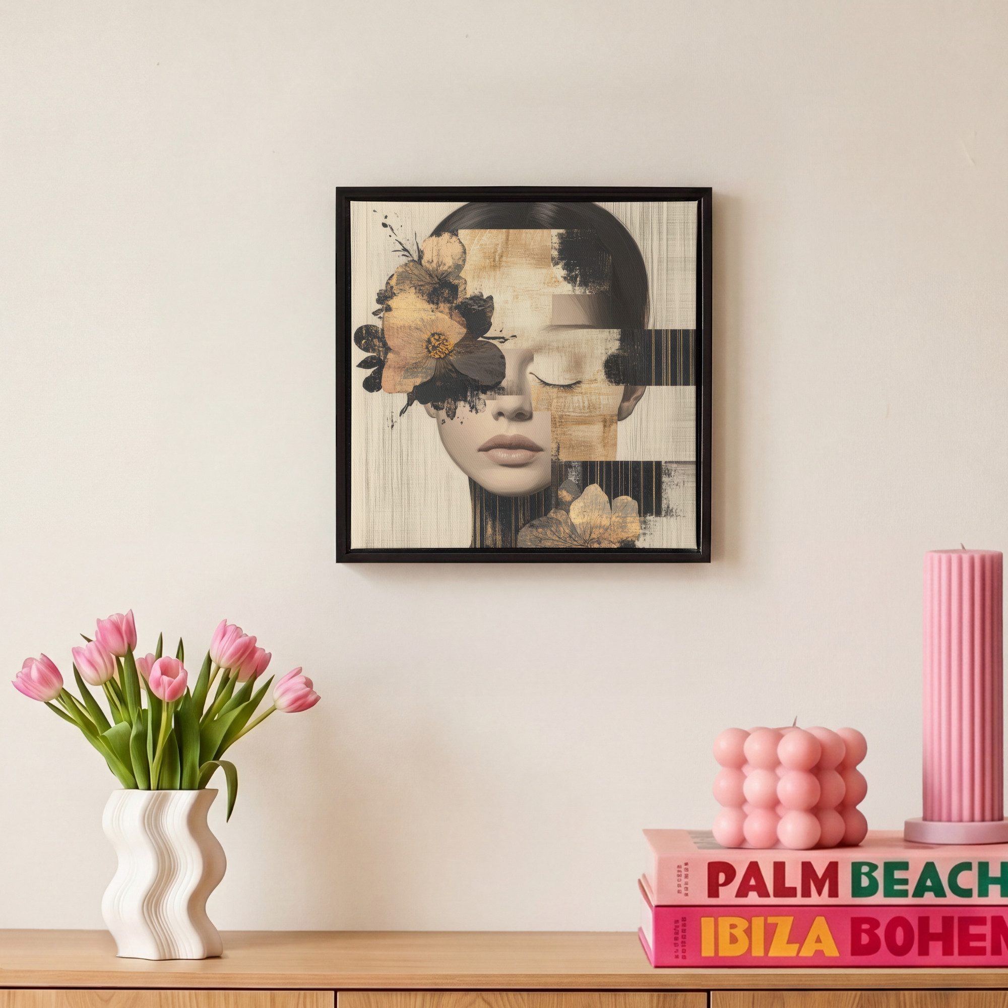 OneMillionCanvasses® Leinwandbild mit Rahmen - Gesicht - Blumen - Schwarz - Frau, Fotodruck (1 St), Leinwand Bilder Klein, Wand Dekoration Aesthetic 20x20cm – Bild 4 von 5