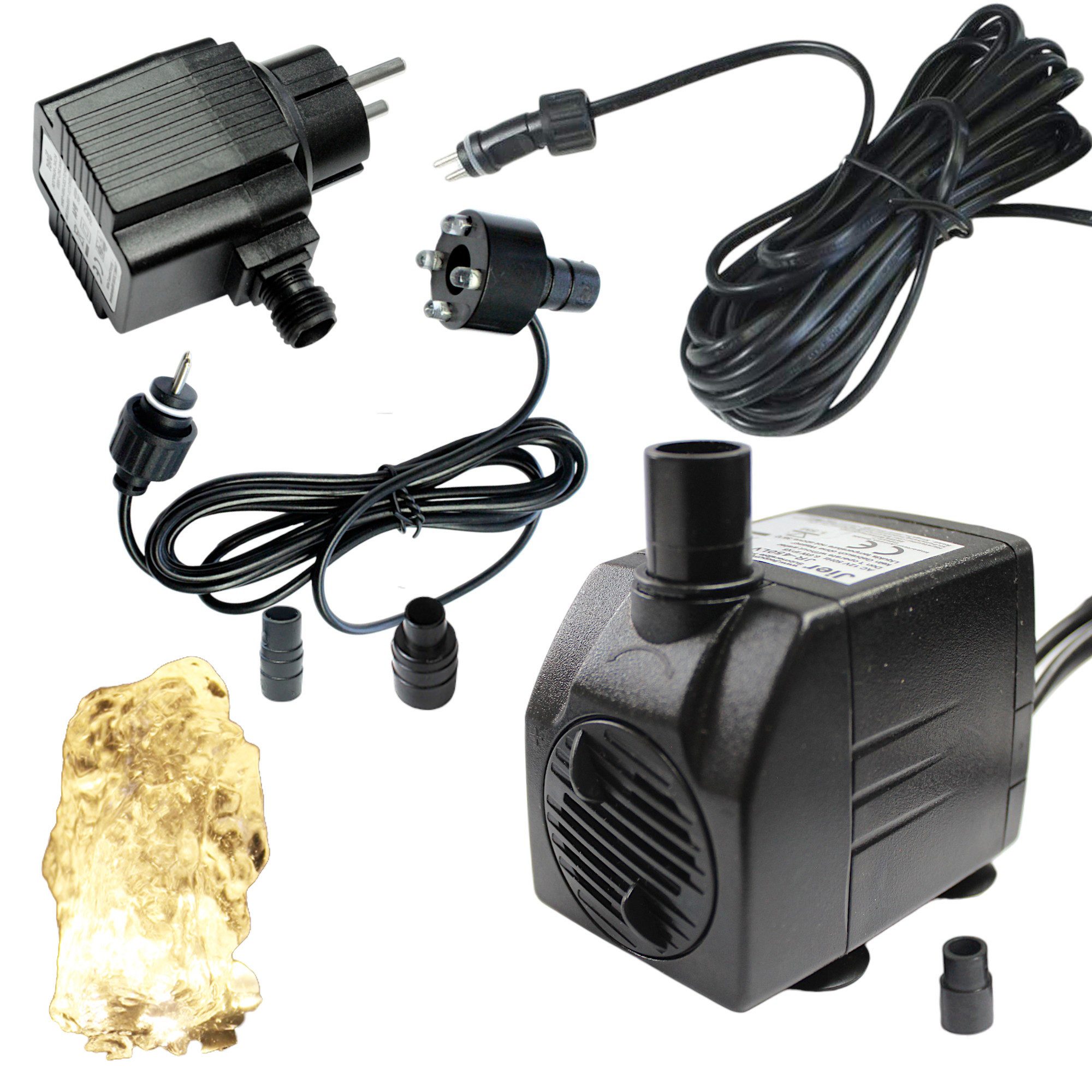 Arnusa Springbrunnenpumpe mit LED Quellsteinbeleuchtung Wasserpumpe Bachlaufpumpe 12V, Pumpe für Wasserspiele