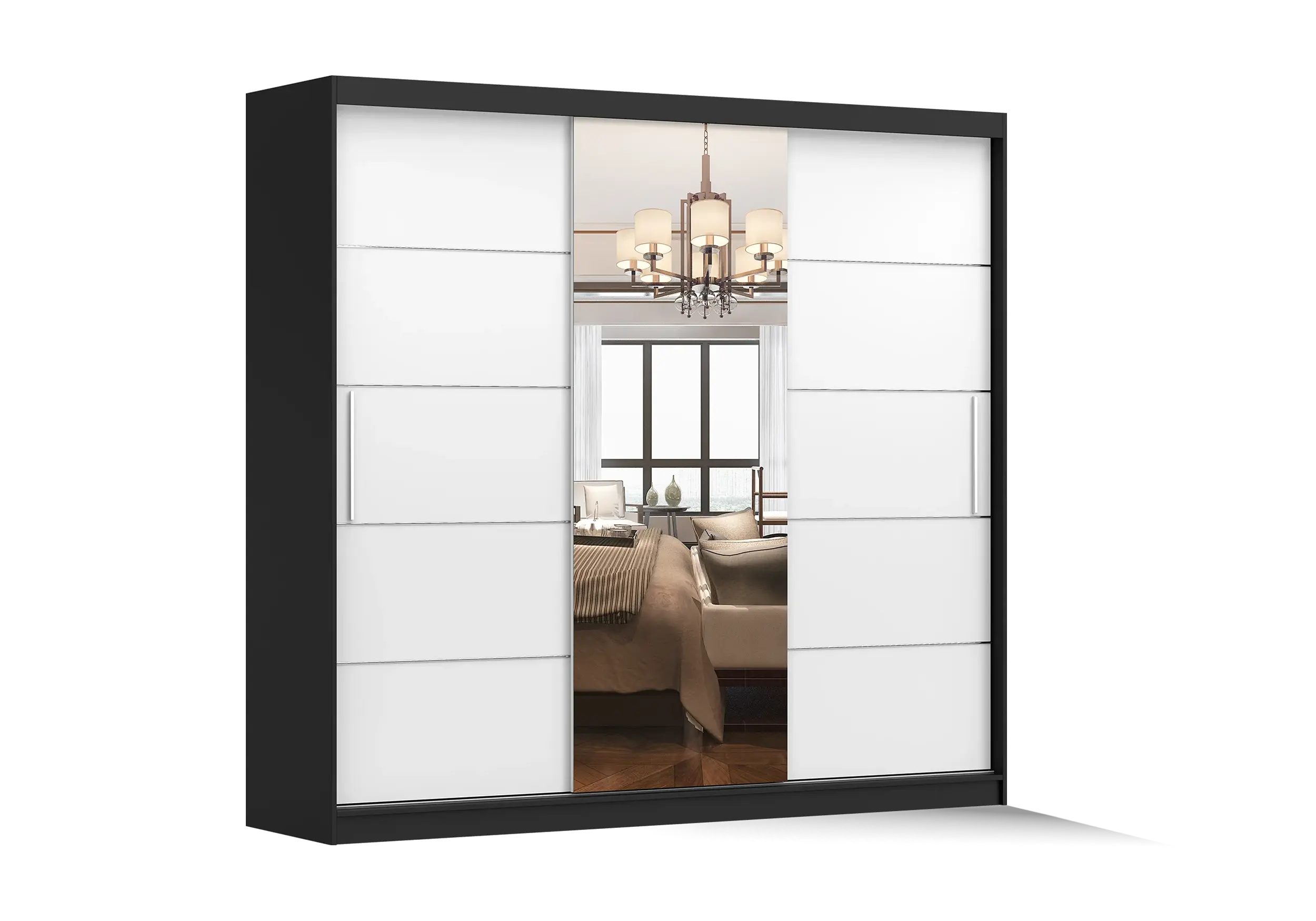 imoebel24 Schwebetürenschrank ASTRA 233 cm - Schwarz Matt / Weiss Matt